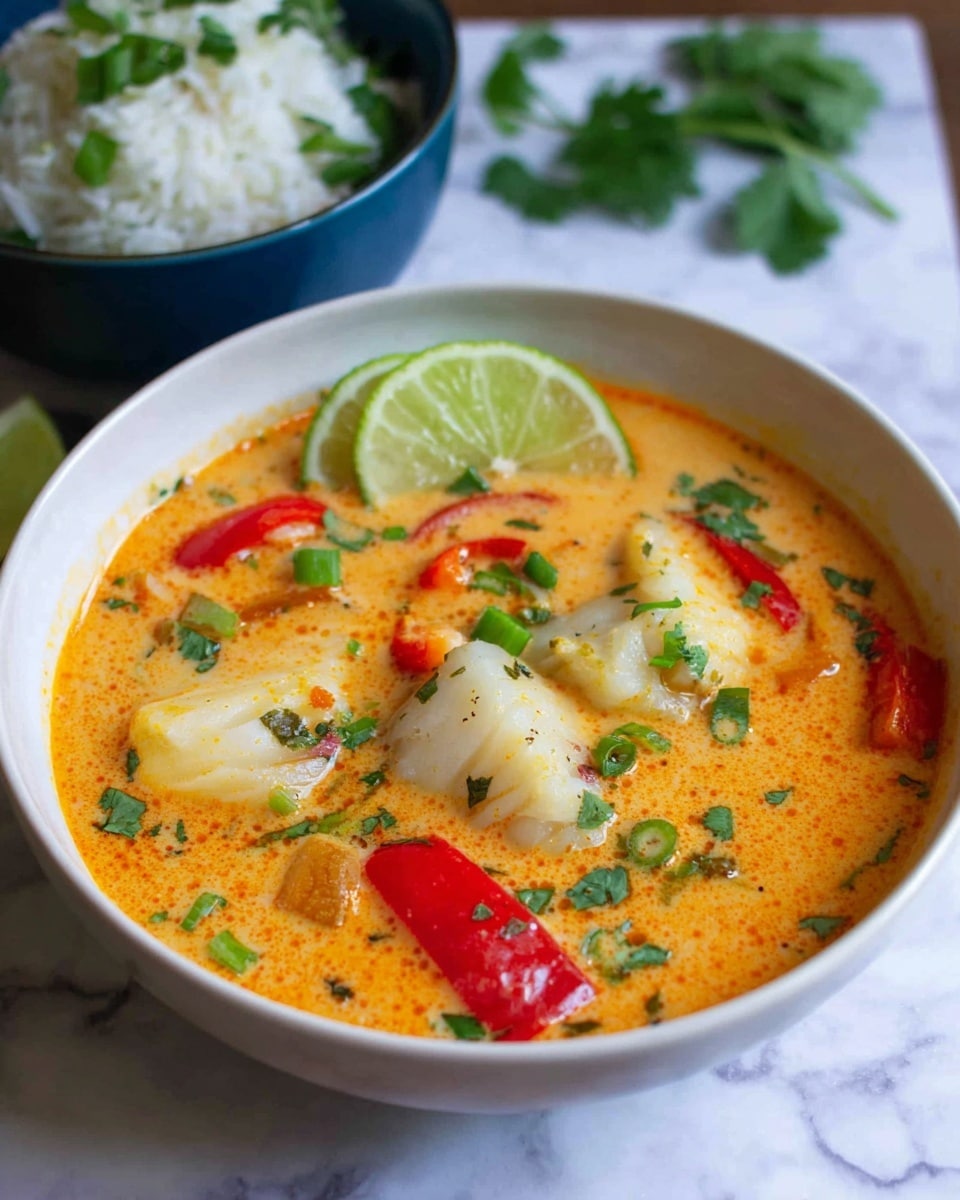 A white bowl filled with a creamy orange soup that has a smooth texture, with chunks of white fish and slices of red and yellow bell peppers floating on top. The soup is garnished with green sliced spring onions and sprigs of fresh cilantro. There are two lime wedges placed on the surface of the soup near the edge of the bowl. In the background, there is a blue bowl with white rice and green garnish, all placed on a white marbled surface. Photo taken with an iphone --ar 4:5 --v 7