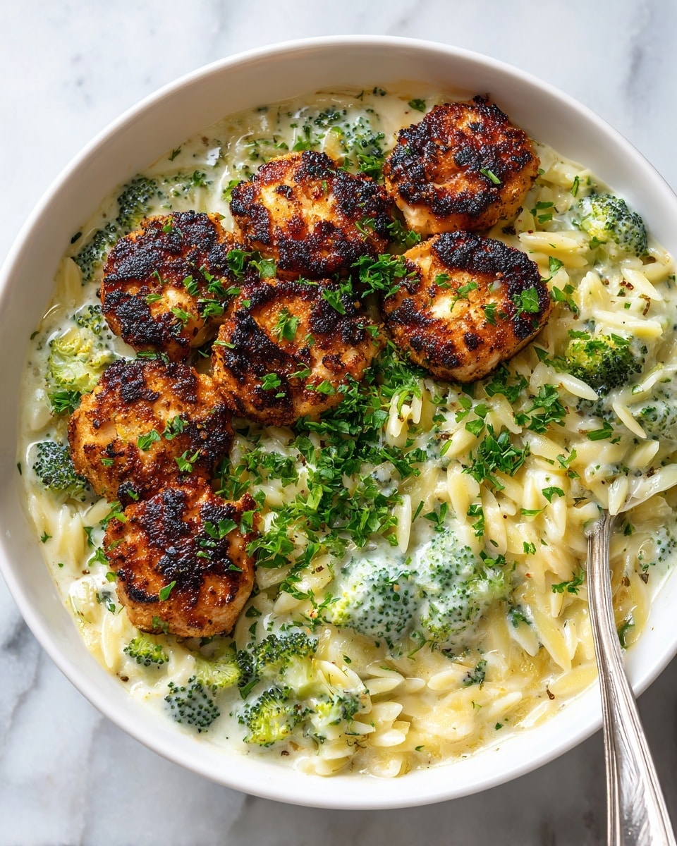 A white bowl filled with three parts: the bottom layer is creamy orzo pasta with a light yellow color mixed with small green broccoli florets. On top of the pasta and broccoli, there is a layer of creamy white sauce with herbs giving it a green speckled texture. The top layer has six browned, crispy chicken pieces that are golden with dark grill marks, sprinkled with freshly chopped green parsley. The bowl sits on a white marbled surface with a silver spoon next to it. Photo taken with an iphone --ar 4:5 --v 7