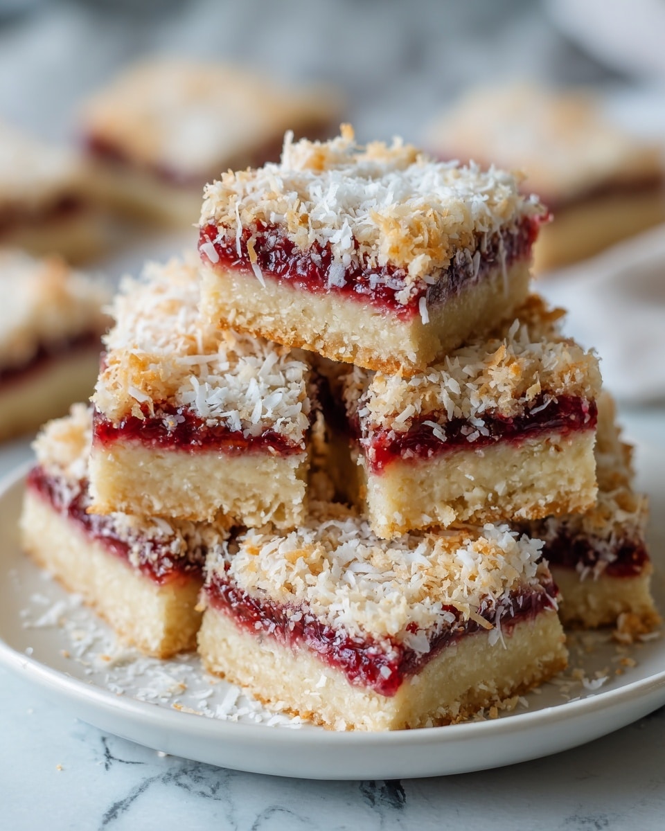 A stack of six coconut-topped dessert bars is arranged on a white plate, placed on a white marbled surface. Each bar has three visible layers: a dense, light beige base layer, a thin middle layer of dark red jam, and a thick top layer of shredded coconut, some of which is lightly browned, giving a crispy texture. The bars are cut into squares and stacked unevenly, showing the jam oozing slightly through the coconut layer. The lighting highlights the moist texture of the jam and the toasted edges of the coconut. photo taken with an iphone --ar 4:5 --v 7