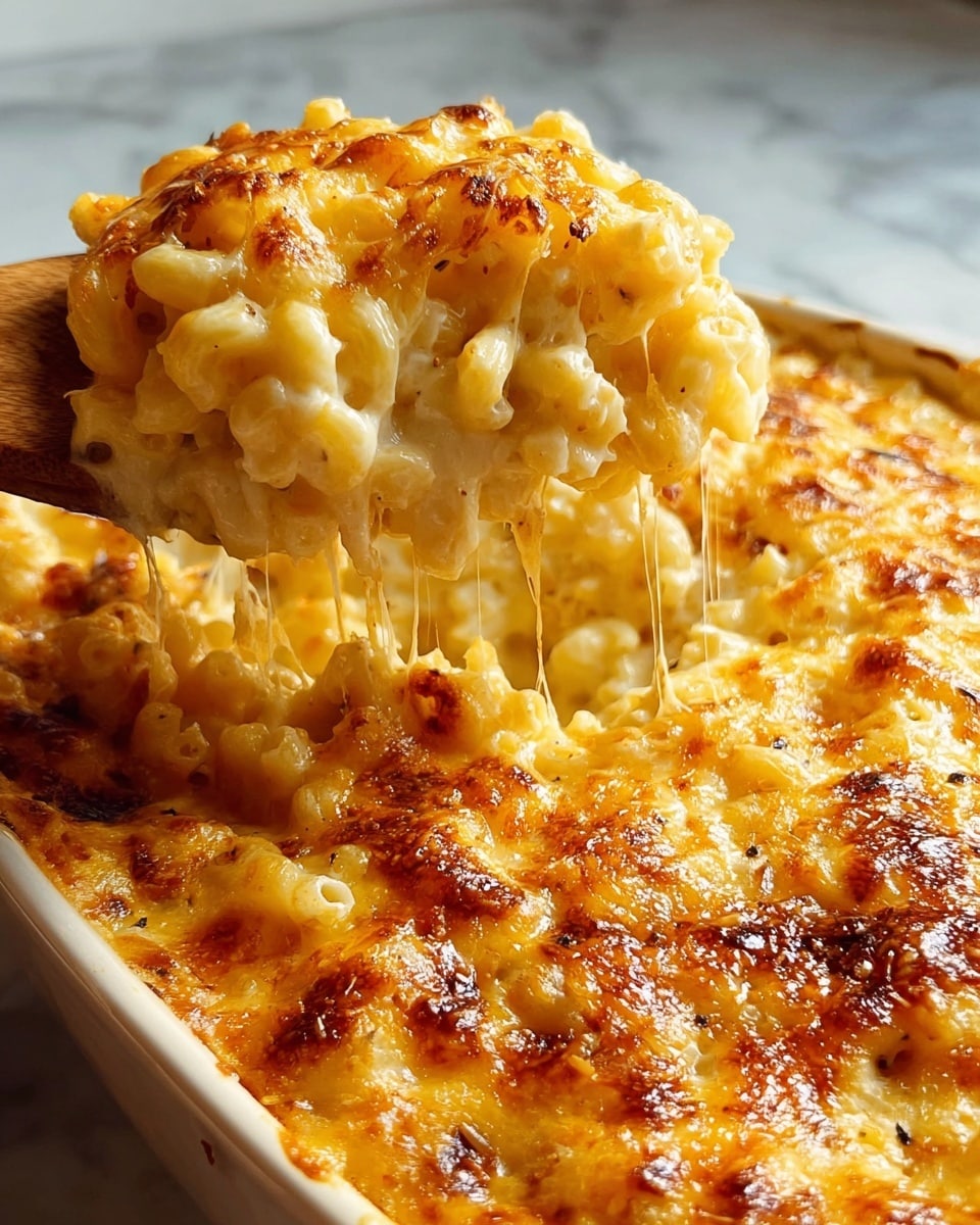 A close-up view of a baked macaroni and cheese dish in a white casserole dish, showing a thick, creamy layer of pale yellow macaroni pasta covered with a golden-brown, slightly crispy cheese crust on top. A wooden spoon is lifting a portion, revealing stretchy, melted cheese strands between the pasta pieces, with visible seasoning and a rich, gooey texture underneath the browned cheese top layer. The dish sits on a white marbled surface with soft natural light highlighting the cheese’s shine and the pasta’s creamy softness. photo taken with an iphone --ar 4:5 --v 7