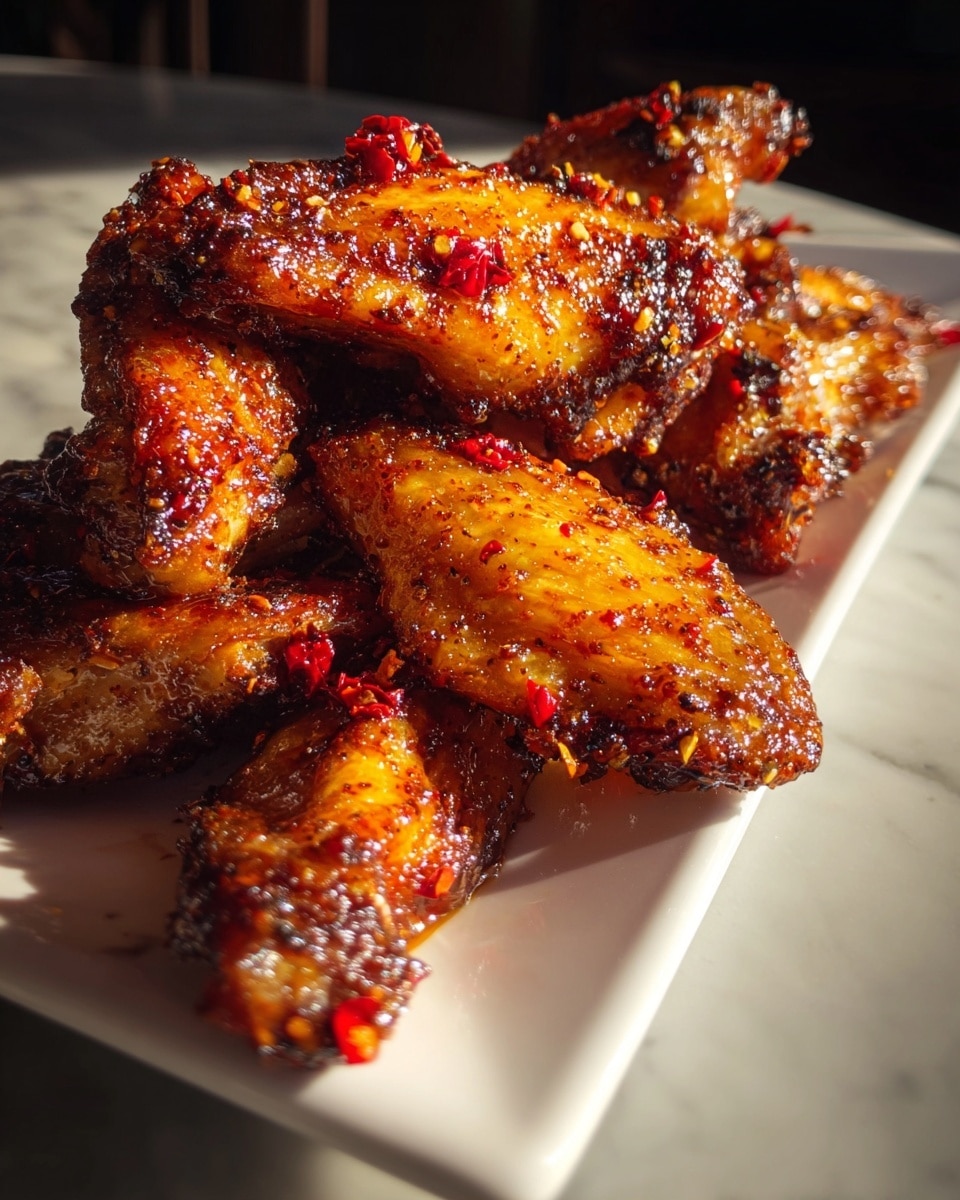A white rectangular plate holds a stack of golden-brown chicken wings, with a crispy and slightly shiny skin coated in a dark red and black peppery sauce, sprinkled with small bits of red chili. The wings are layered casually, with some pieces overlapping others, showing their textured and juicy surfaces. The close-up view highlights the glossy, spicy coating and the uneven, roasted skin color. The scene is set on a white marbled surface with warm, soft sunlight casting shadows and giving the wings a rich, appetizing look. photo taken with an iphone --ar 4:5 --v 7