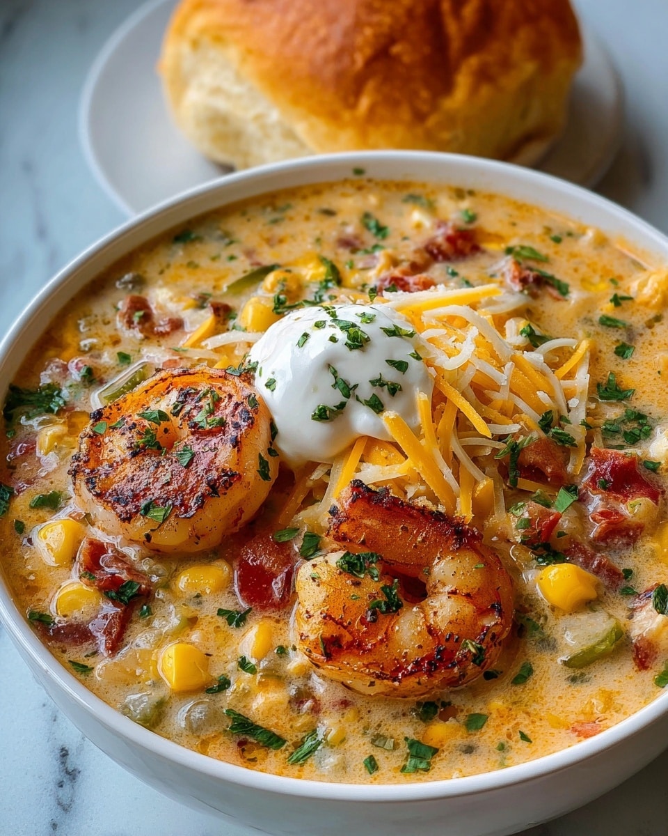 A white bowl filled with creamy soup that has a mix of yellow corn, red tomato pieces, and green herbs visible throughout. On top, there are two large grilled shrimp with a slight char and sprinkled herbs, placed near the front edge. In the center, there is a dollop of white sour cream covered with shredded yellow and white cheese. Behind the bowl, there is a round golden-brown bread roll. All the items are set on a white marbled surface. photo taken with an iphone --ar 4:5 --v 7