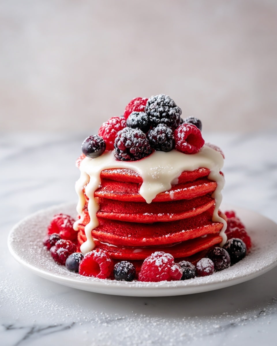 A stack of six bright red pancakes sits on a white plate with powdered sugar sprinkled around. White creamy sauce drips over the top and sides, covering the top pancake unevenly. On top, there is a mix of fresh blackberries and raspberries, also dusted lightly with powdered sugar. Extra berries are scattered around the base of the pancakes on the plate. The plate is placed on a white marbled surface with a soft, blurred background. photo taken with an iphone --ar 4:5 --v 7
