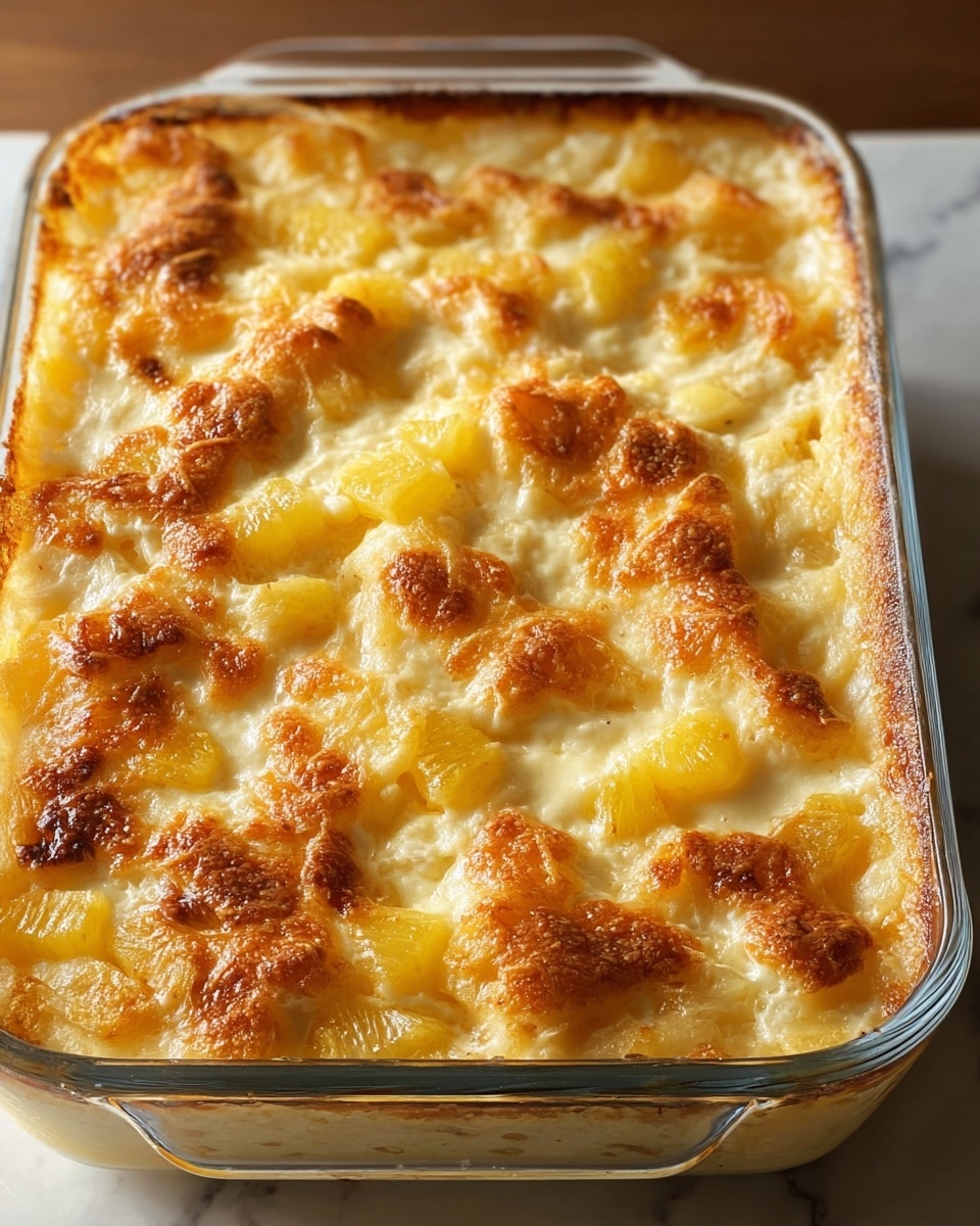 A glass round baking dish filled with a golden baked dessert that has a top layer of slightly browned, fluffy texture mixed with juicy yellow pineapple chunks. The dessert looks soft and creamy beneath the browned spots, with the pineapple pieces pushing through the surface in an uneven pattern. The baking dish rests on a wooden board, shown close up with the white marbled texture blurred in the background. Photo taken with an iphone --ar 4:5 --v 7