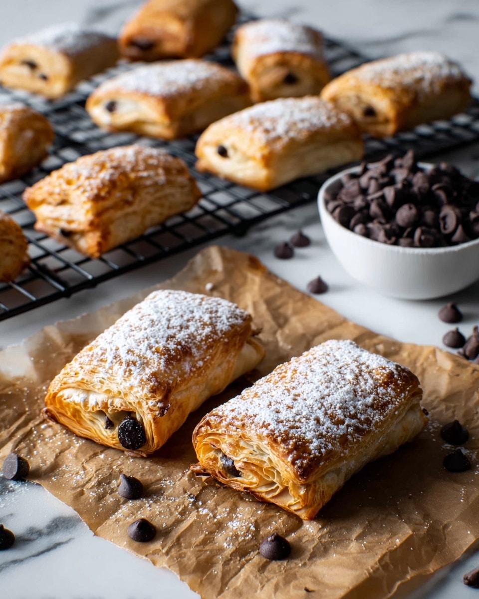 The image shows several small rectangular pastries with a golden-brown, flaky crust sprinkled with powdered sugar. Each pastry has visible folded layers, and some have dark chocolate pieces peeking out from inside. In the foreground, two pastries rest on a crinkled brown paper sheet with scattered dark chocolate chips around them. In the back, more pastries sit on a black cooling rack. To the right, there is a white bowl filled with dark chocolate chips. The whole scene is set on a white marbled surface. photo taken with an iphone --ar 4:5 --v 7