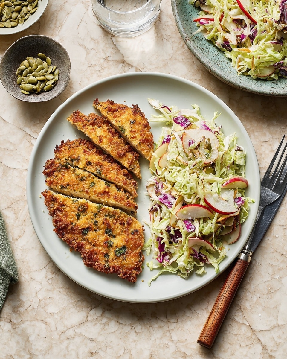 A white plate holds a golden-brown, breaded chicken cutlet sliced into five pieces, placed on the left side. On the right side of the plate is a colorful coleslaw made of shredded green cabbage, purple cabbage, and thin red strips mixed with a creamy dressing. The plate rests on a white marbled surface, with a wooden fork laying to the right. A glass of water is partly visible at the top right corner. Photo taken with an iphone --ar 4:5 --v 7