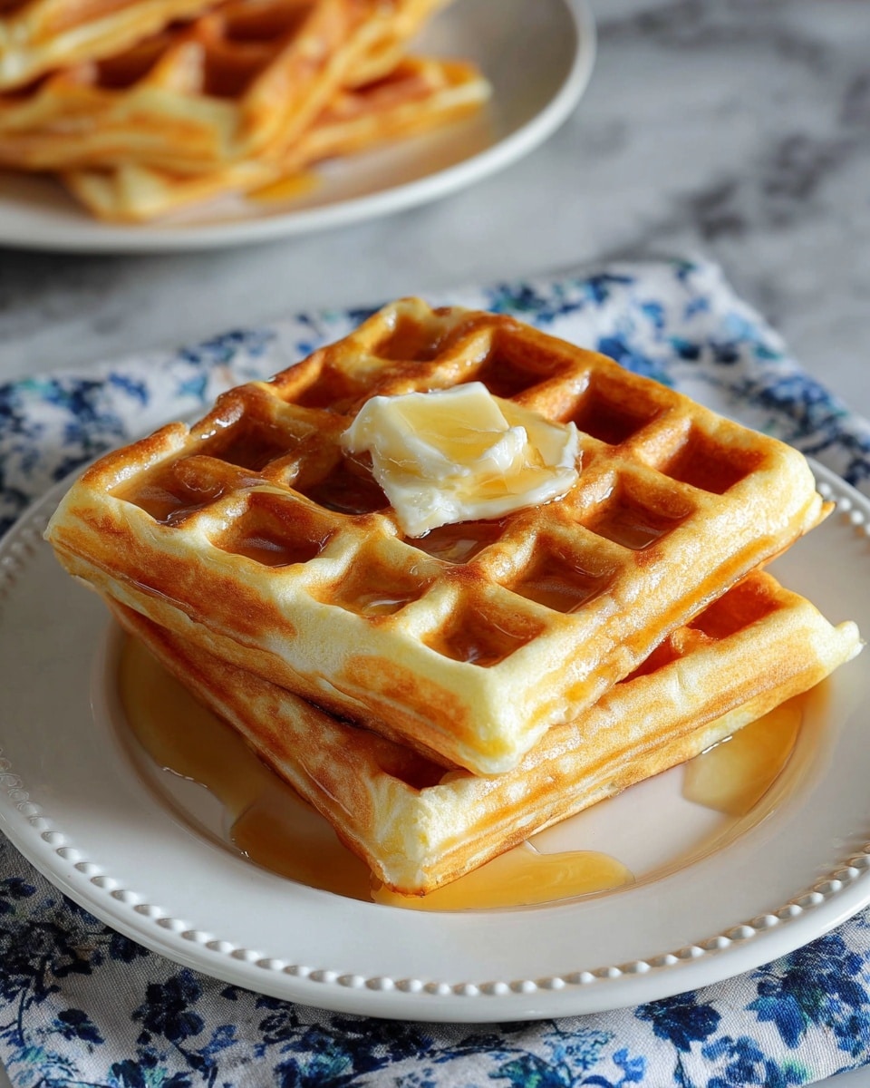 A stack of two golden brown waffles sits centered on a white plate with a dotted rim, each waffle showing deep square pockets with a slightly crispy texture on top and soft edges. On the top waffle, a small pat of melting butter glistens, spreading rich creaminess into the warm square pockets. Slightly dripping syrup coats parts of the waffles and the plate beneath them. The plate rests on a blue and white floral cloth, all set against a white marbled surface. In the blurred background, more waffles on a white plate are visible. Photo taken with an iphone --ar 4:5 --v 7