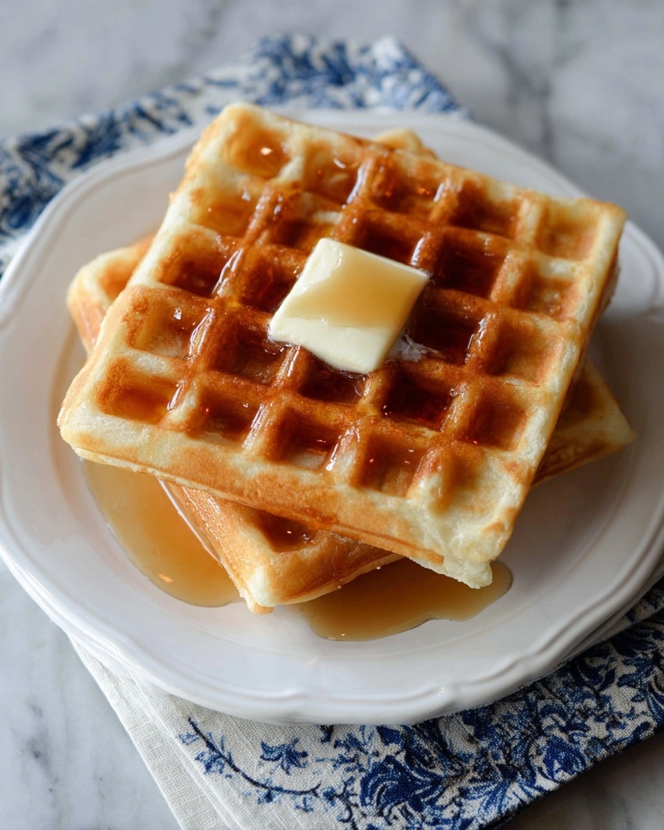 Two golden brown waffles are stacked on a white plate, with the top waffle showing a soft square pattern. A small square of melting butter sits in the center of the top waffle, with syrup pooled in the waffle pockets and a little syrup dripping down the sides onto the plate. The plate rests on a white marbled surface with a blue and white patterned cloth partially underneath. photo taken with an iphone --ar 4:5 --v 7