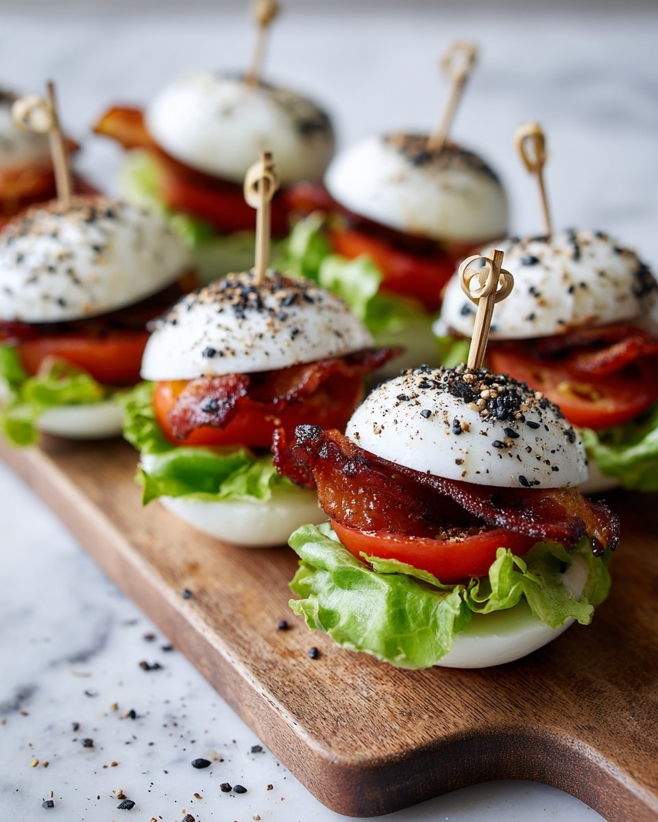The image shows five small sandwiches on a wooden board placed on a white marbled surface. Each sandwich has three layers: a top white bun with black sesame seeds and light seasoning, a middle layer of green lettuce and red tomato slices, and a bottom white bun. Dark crispy bacon is in the middle, between the lettuce and the bottom bun. The buns are smooth and oval-shaped with a slightly shiny texture. Photo taken with an iphone --ar 4:5 --v 7