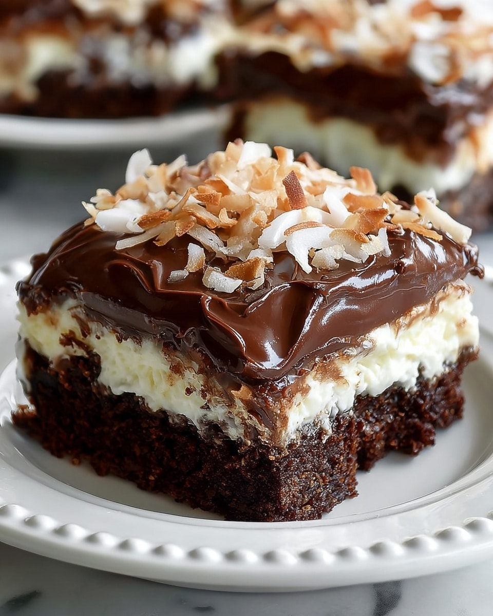 A close-up view of a layered dessert slice on a white plate set on a white marbled surface, showing three main layers: the bottom layer is a dense white coconut base with shredded texture, the middle layer is a thick, moist, dark brown chocolate cake, and the top layer is a smooth and glossy dark chocolate frosting with swirled texture. On top of this frosting, there is a generous topping of toasted coconut flakes, a mix of white and light brown curled pieces. In the background, another slice of the same dessert is visible but blurred. photo taken with an iphone --ar 4:5 --v 7