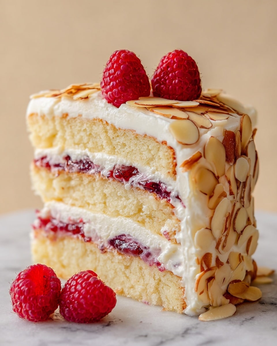 A slice of three-layer light yellow sponge cake is shown standing on a white marbled surface. Each layer is separated by a thick spread of bright red raspberry jam and white creamy frosting. The outside of the cake is covered with smooth white frosting, decorated heavily with thinly sliced, golden-brown toasted almonds. On top, three fresh, bright red raspberries sit on the white frosting. Another raspberry lies beside the slice on the surface. The background is a soft beige, making the colors of the cake stand out. photo taken with an iphone --ar 4:5 --v 7