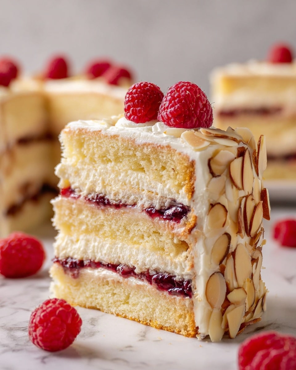 The image shows a tall slice of layered cake placed on a white marbled surface, with three visible layers of light yellow sponge cake separated by two thick layers of dark red raspberry jam and creamy white frosting. The outside of the cake is covered with a smooth layer of white frosting, decorated on the side with thin, toasted almond slices, creating a textured pattern. On top of the cake slice, there are several fresh red raspberries adding a pop of color. In the background, there are blurred, similar cake slices and scattered raspberries. The lighting highlights the moist texture of the cake and the fresh look of the berries, making the cake look very inviting. photo taken with an iphone --ar 4:5 --v 7