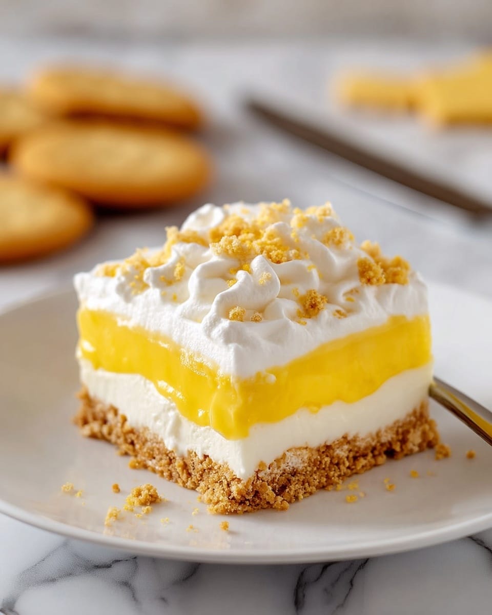 A square dessert on a white plate sits in the center, showing four distinct layers: the bottom layer is a crumbly, golden-brown crust; above it is a thick, white creamy layer; the third layer is a bright yellow, smooth custard-like filling; the top layer is fluffy white whipped cream scattered with small, crumbly golden pieces. The background is a white marbled texture, and there are two round golden cookies slightly blurred behind the plate. A knife with a white handle rests near the dessert. photo taken with an iphone --ar 4:5 --v 7