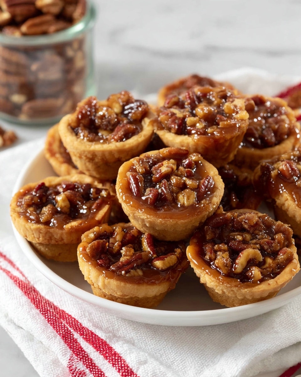 The image shows a white bowl filled with small tarts that have two layers: the base layer is a golden brown, crumbly pastry shell, and the top layer consists of a glossy, sticky caramel filling studded with chopped pecans, giving a rich textured look. The tarts are piled together closely, showing their round edges and the uneven, natural shapes of the nut topping. The bowl is placed on a white cloth with red stripes, all set on a white marbled surface, with a blurred glass jar filled with pecans in the background. photo taken with an iphone --ar 4:5 --v 7