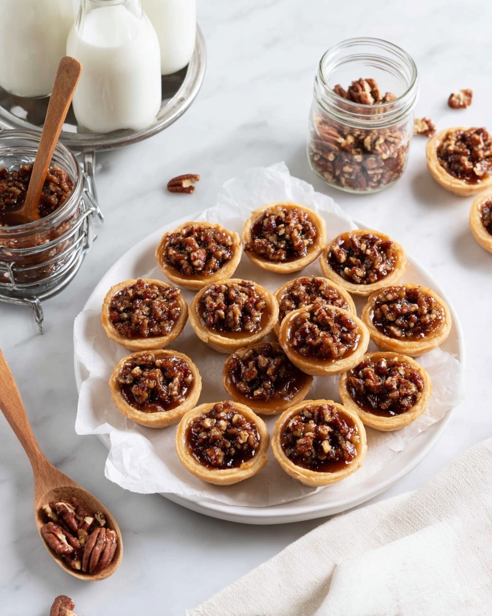 A plate filled with about fourteen small pecan tarts, arranged in a loose pile. Each tart shows two layers: a golden-brown flaky pastry crust on the bottom, and a glossy, dark caramel pecan topping with chopped pecan pieces giving a textured look on top. The tarts sit on a piece of white parchment paper on a white plate, placed on a white marbled surface. Nearby, there is a glass jar filled with pecans, a wooden spoon with caramel sauce on it, and three glass bottles of milk in a metal holder to the upper left. Some pecan pieces are scattered on the surface next to the spoon, along with a white towel partially visible in the lower left. photo taken with an iphone --ar 4:5 --v 7