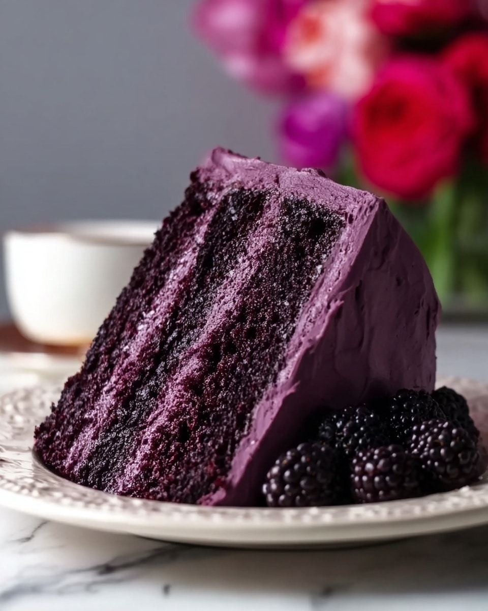 A tall slice of dark purple chocolate cake with two thick layers of moist dark cake separated by a smooth layer of purple frosting, the entire outside covered with the same purple frosting that has a soft texture, placed on a white plate with a delicate edge design, with several blackberries at the base on the right side, all set on a white marbled surface with blurred red and pink flowers in the background. photo taken with an iphone --ar 4:5 --v 7