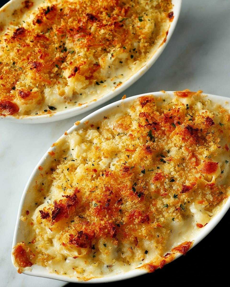 Two white oval baking dishes filled with creamy, baked casserole are shown on a white marbled surface. The casserole has a golden-brown crust made of crunchy crumbs and melted cheese with some slightly burnt spots. The base layer is a smooth white sauce visible around the edges, topped with a crumbly golden yellow layer mixed with small green herbs sprinkled throughout. The texture on top is uneven with crispy bits and melted cheese pools, creating a rich and inviting look. Photo taken with an iphone --ar 4:5 --v 7