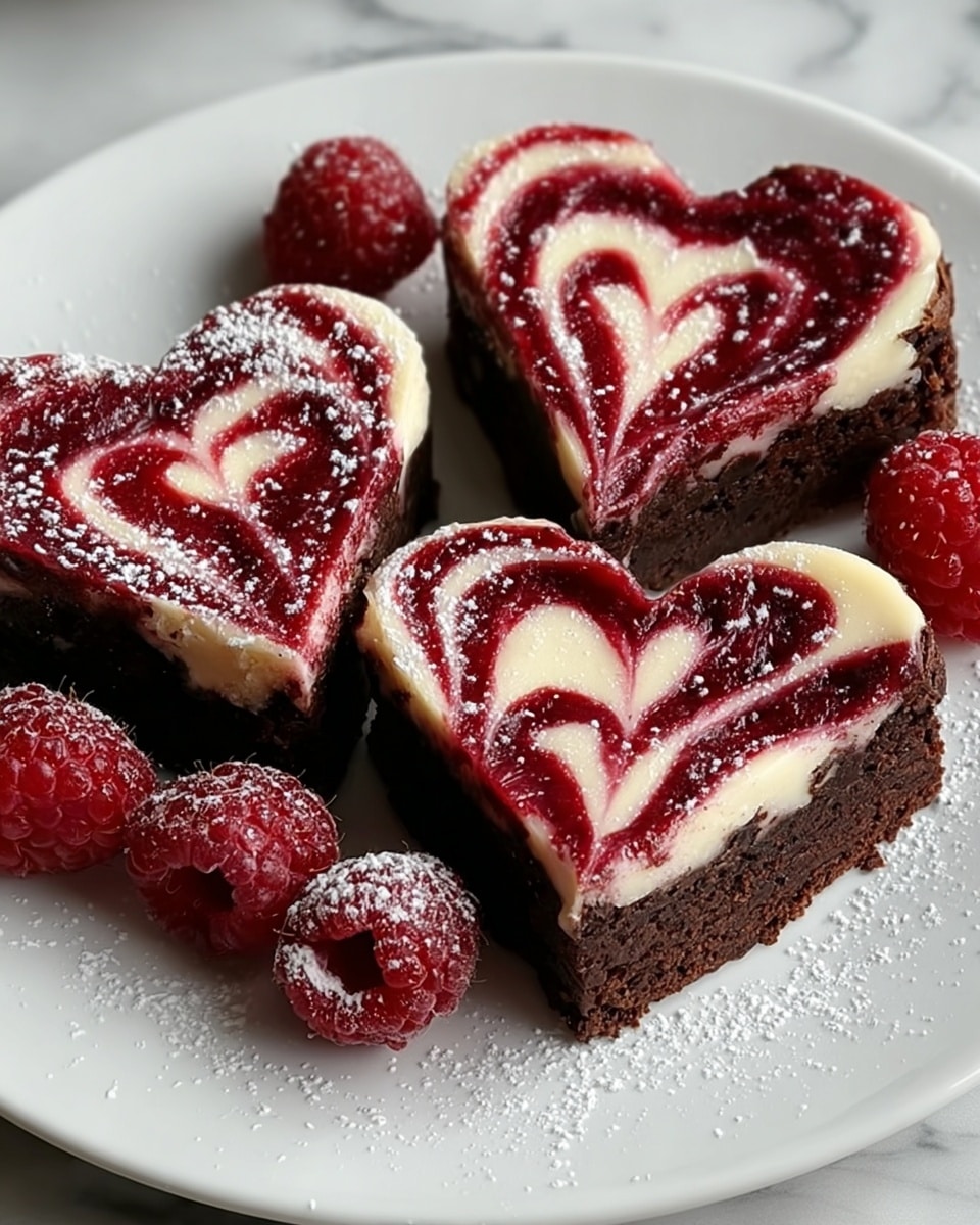 Two square pieces of dark brown chocolate cake with a moist texture sit on a white plate. The cake has a visible red raspberry layer near the bottom, with some raspberries embedded inside. One piece is topped with a thick dollop of white cream and four fresh, bright red raspberries on top. Both cake pieces and the plate have a light dusting of powdered sugar. Three additional fresh raspberries rest on the plate near the cakes, all set on a white marbled textured surface. Photo taken with an iphone --ar 4:5 --v 7