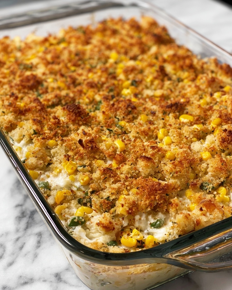 A baked casserole in a clear glass dish with one thick top layer of golden-brown, crispy textured stuffing that covers a creamy, chunky layer beneath showing white cauliflower pieces mixed with yellow corn kernels and small green vegetable bits. The stuffing layer has uneven, rough brown spots indicating a crunchy, baked surface. The dish rests on a white marbled textured surface, with the casserole filling visible near the edges. photo taken with an iphone --ar 4:5 --v 7