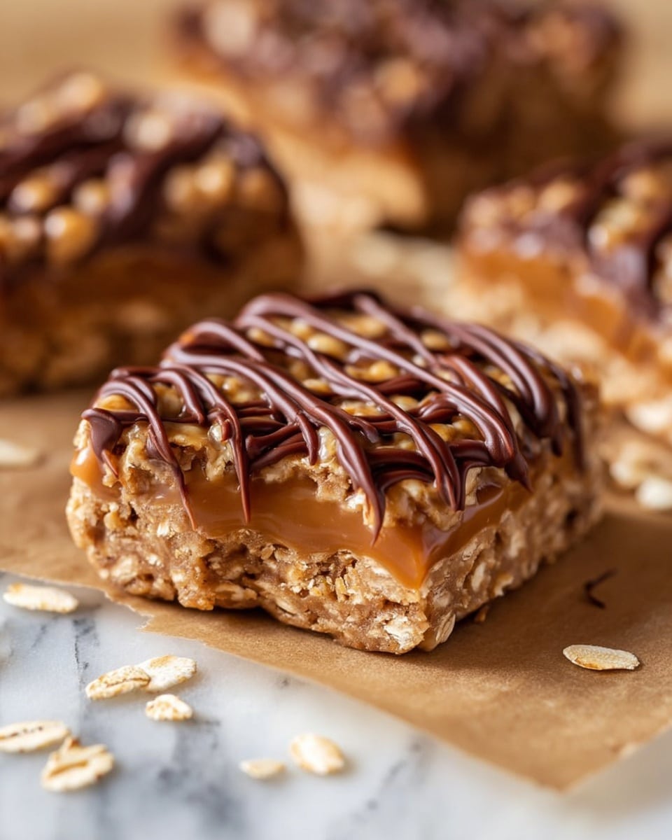 This image shows a close-up of a square-shaped oat cookie bar with three visible layers. The bottom layer is a dense, light brown base with a slightly crumbly texture. The middle layer is a thick, smooth caramel that looks glossy and rich. The top layer is an oat mixture with visible oats, giving it a rough texture and light brown color. Over the top, there are dark chocolate drizzles in thin lines running across the cookie bar. The cookie rests on a sheet of parchment paper with a few loose oats scattered nearby, all set on a white marbled surface. Photo taken with an iphone --ar 4:5 --v 7