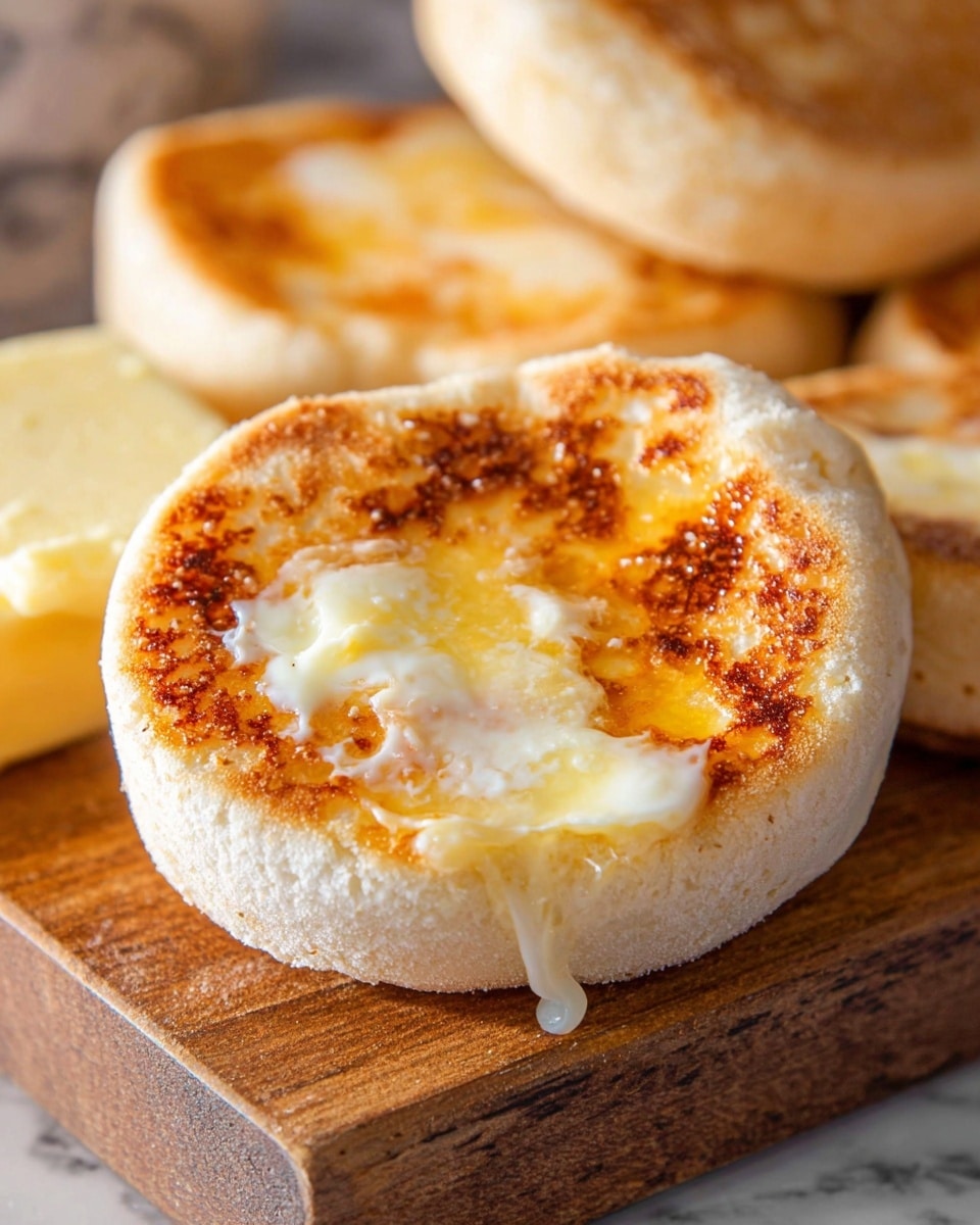 The image shows a close-up of a toasted English muffin with melted butter on top. The muffin is split in half, with the top layer golden brown and slightly crispy, while the melted butter pools in shiny white patches over the soft, warm surface. In the background, there are more whole English muffins with light browned tops, all placed on a wooden board. The texture of the muffins looks soft and fluffy inside with a slightly rough crust outside. The scene sits on a white marbled surface. photo taken with an iphone --ar 4:5 --v 7