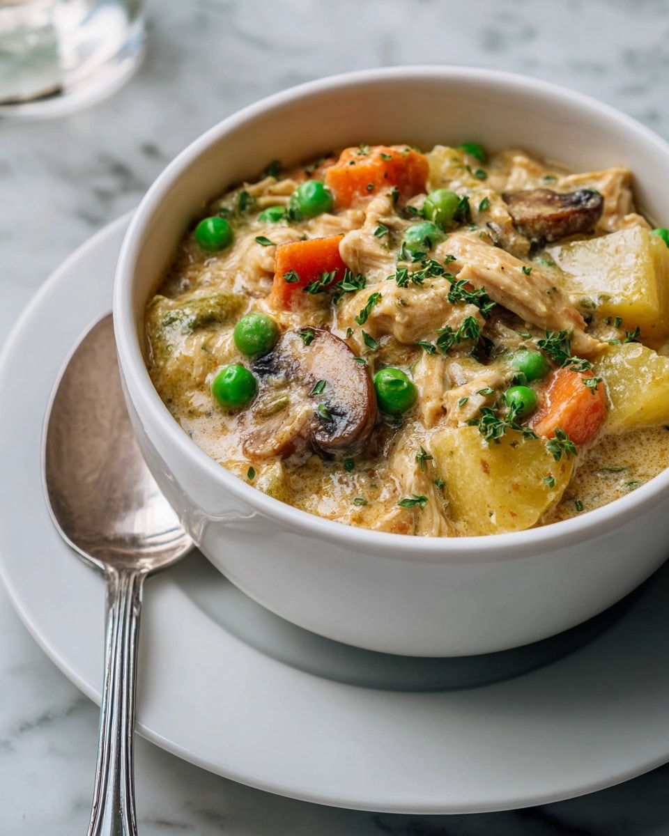 A close-up image of a bowl filled with creamy chicken and vegetable stew. The stew has a thick, smooth yellowish sauce covering soft pieces of chicken, sliced brown mushrooms, bright green peas, and small orange carrot chunks. Small green herb leaves are sprinkled on top, adding fresh detail. The bowl is white with a subtle gray tone, sitting on a matching white plate with a silver spoon resting beside it on the plate. The background shows a white marbled texture along with some blurred greens. photo taken with an iphone --ar 4:5 --v 7
