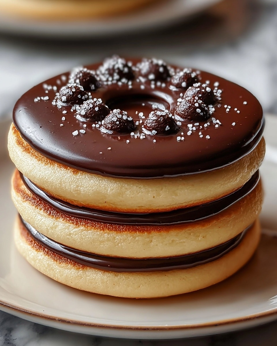 The image shows a close-up of two thick, golden-brown doughnut layers stacked on top of each other. Each doughnut is covered with smooth, glossy dark chocolate glaze that drips slightly down the sides. The top doughnut has small, coarse white salt flakes scattered on the chocolate surface, adding texture and contrast. The doughnuts rest on a white plate with a subtle sheen, placed on a white marbled background. Photo taken with an iphone --ar 4:5 --v 7