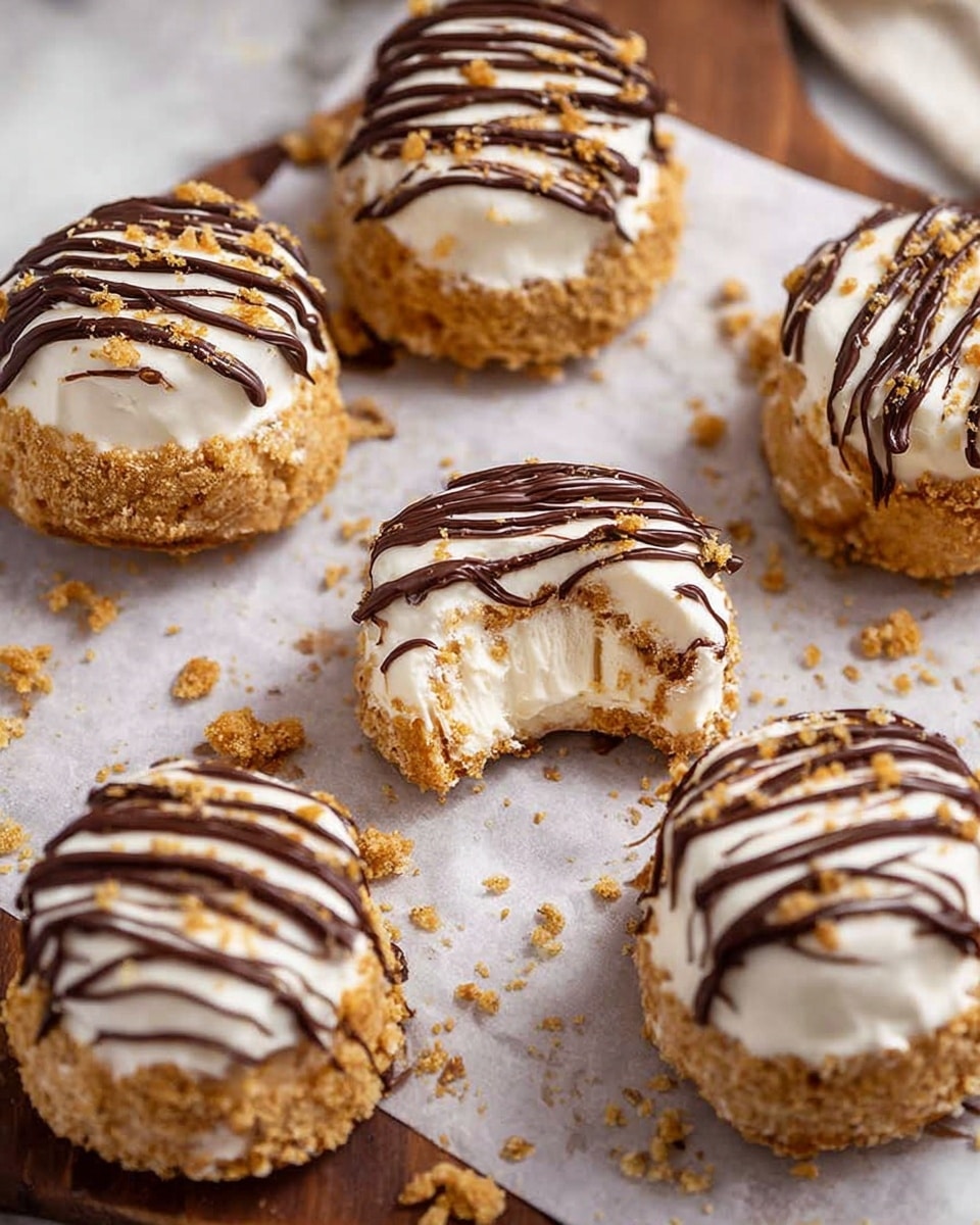 The image shows round ice cream treats on white parchment paper over a wooden board with a white marbled texture background. Each treat has three layers: the bottom layer is crunchy and golden brown crumbs, the middle layer is creamy white ice cream with a smooth texture, and the top layer is white frosting or cream with a drizzle of dark chocolate in thin, uneven lines. One treat in the center is bitten, showing the creamy ice cream inside. Crumbs are scattered around the treats. Photo taken with an iphone --ar 4:5 --v 7
