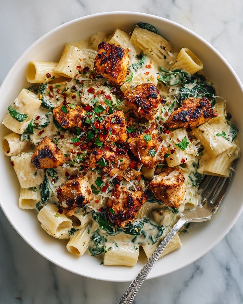 The dish shows a white bowl filled with rigatoni pasta coated in a creamy white sauce mixed with small bright green spinach leaves and sprinkled with red chili flakes and herbs. On top, there are multiple golden-brown grilled chicken pieces with crispy edges, scattered evenly over the pasta. The sauce looks rich and slightly melted, clinging to the pasta tubes and chicken. The dish is garnished with tiny bits of grated cheese and fresh parsley. A silver fork rests inside the bowl on the right side. The whole scene is set on a white marbled texture surface. photo taken with an iphone --ar 4:5 --v 7