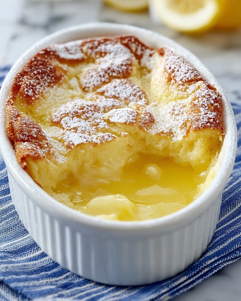 A baked dessert in a white ceramic rectangular dish with two small handles, showing a golden-brown crust on top that is cracked in several places, revealing a gooey, light yellow custard-like filling beneath. The crust has a slightly rough texture with some areas dusted in fine white powdered sugar. The inside filling looks smooth and creamy, pooling slightly at the bottom, contrasting with the firmer top layer. The dish sits on a white marbled surface with a hint of a blue and white striped cloth nearby, and blurred yellow lemons in the background. photo taken with an iphone --ar 4:5 --v 7
