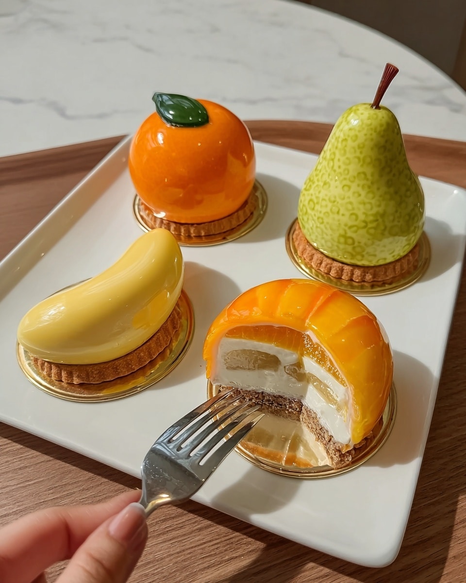 The image shows four fruit-shaped desserts on a white square plate with rounded edges, placed on a wooden table. The desserts are shaped like a banana, an orange, a pear, and one orange-shaped dessert cut open. Each dessert sits on a thin, round cookie base with a golden edge. The banana dessert is pale yellow with a smooth, shiny surface and a dark brown tip. The whole orange dessert has a bright orange glossy surface with a small green leaf on top, showing a bumpy texture like real fruit skin. The pear-shaped dessert is light green with a shiny texture and a small brown stem on top. The cut orange dessert reveals four layers from bottom to top: a thin brown cookie base, a light brown crunchy layer, a thick white creamy layer, a textured orange fruit-like filling in the center, and a shiny bright orange glaze covering the top half. A silver fork rests on the cut dessert, held by a woman's hand on the right side of the image. The plate is on a white marbled texture. photo taken with an iphone --ar 4:5 --v 7