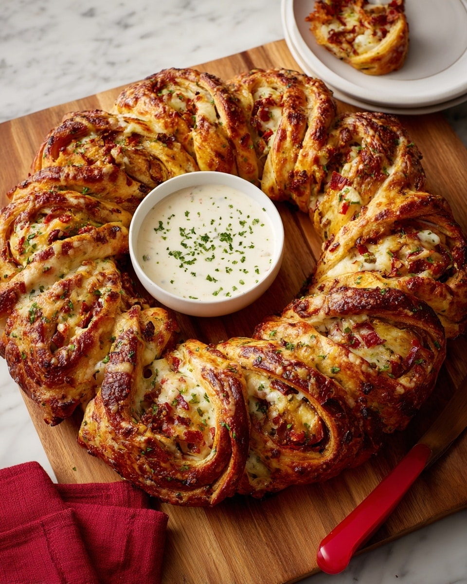A golden-brown braided ring made of baked dough, filled with visible layers of white melted cheese and bits of red and yellow ingredients inside each twist, is placed on a wooden surface. The ring is cut into many sections, revealing the tasty filling inside. In the center of the ring sits a white bowl filled with creamy white sauce sprinkled with green herbs on top. To the side, a white plate with a red handle knife and a red napkin are partly visible on a white marbled texture. Photo taken with an iphone --ar 4:5 --v 7