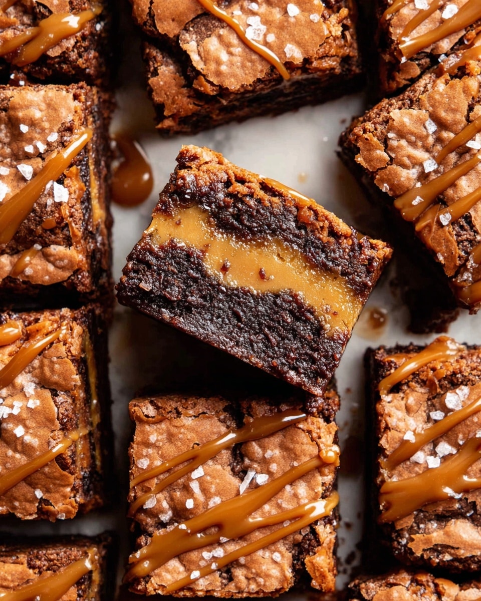 The image shows a stack of three dark brown brownies with a rich, fudgy texture, each separated by a smooth and thick layer of light caramel-colored peanut butter filling. The top brownie is drizzled with more peanut butter sauce that slightly drips down the sides, with a few flakes of white sea salt sprinkled on top, adding contrast. The background is a soft white marbled texture, and the brownies rest on crumpled beige parchment paper, enhancing their homemade look. Photo taken with an iphone --ar 4:5 --v 7