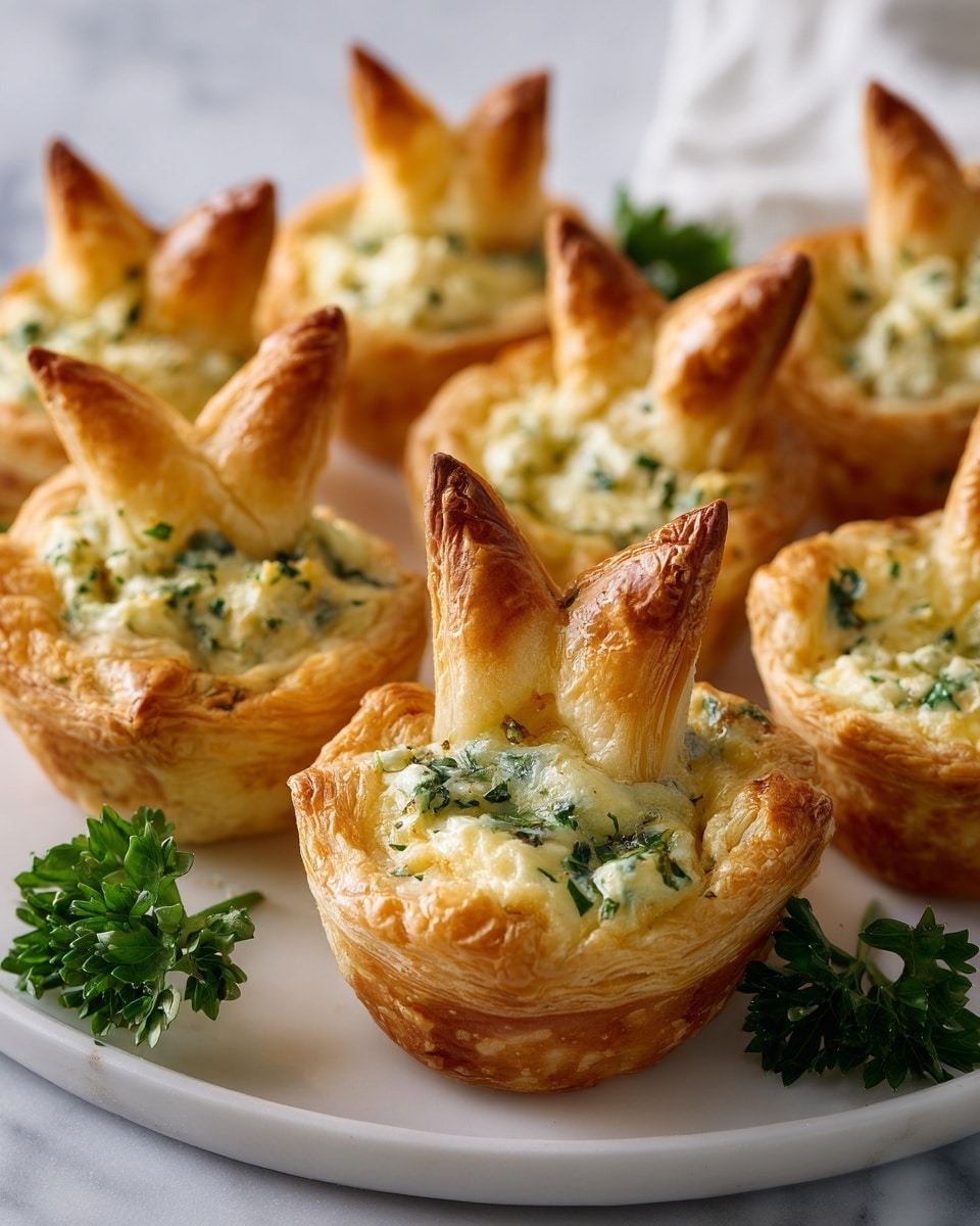 A white tray holds eight small pastry cups, each with two golden-brown, pointed puff pastry sticks standing upright like ears, and filled with a creamy white mixture speckled with finely chopped green herbs, topped with a sprinkle of parsley. The pastry cups are light brown and flaky, with a puffed edge forming a base for the creamy filling. Some small green parsley leaves are scattered around the tray, which sits on a white marbled surface. The overall look is neat and inviting with a soft focus background. photo taken with an iphone --ar 4:5 --v 7