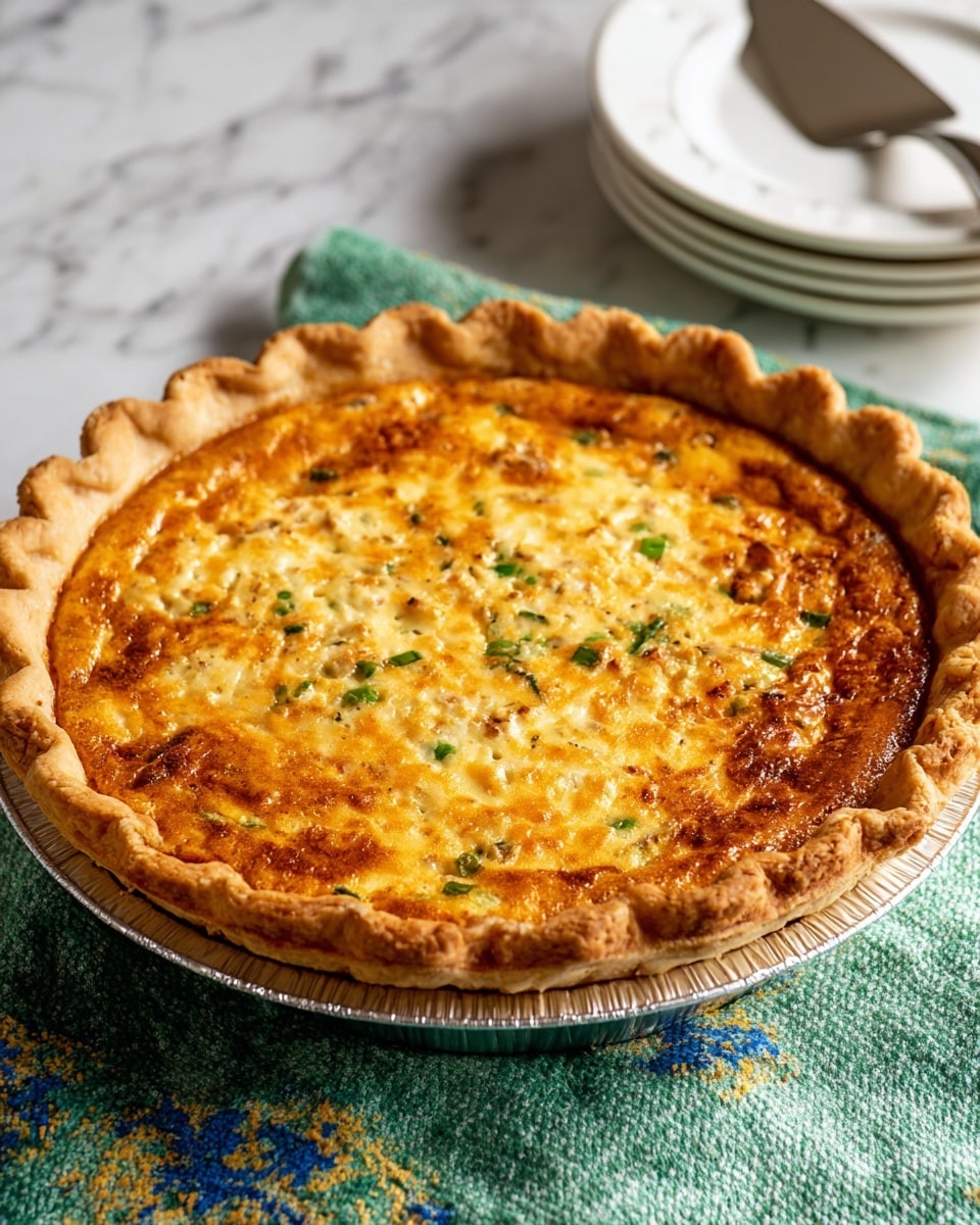 A golden brown quiche with a thick, flaky crust around the edge, showing a slightly wavy pattern. The top layer is a lightly browned egg mixture with small spots of melted cheese and bits of vegetables and meat scattered inside, giving it a textured look. The quiche sits in a shiny silver pie tin, placed on a green textured cloth with a blue and yellow pattern over a white marbled surface. In the background, there is a stack of clean white plates and a metal pie server with a white handle partially visible. The image is bright and clear with natural lighting, photo taken with an iphone --ar 4:5 --v 7