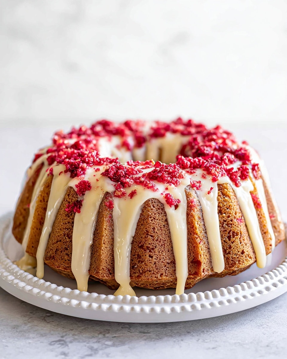 A round bundt cake with a light brown, moist texture forming the base, sitting on a white plate with a beaded edge. The cake is topped with thick, creamy white icing that drips down the sides in uneven streams. Bright red crushed berries are scattered generously over the top of the icing, adding a pop of vibrant color and a slightly rough texture. The background has a white marbled texture, giving a clean, bright look. Photo taken with an iphone --ar 4:5 --v 7