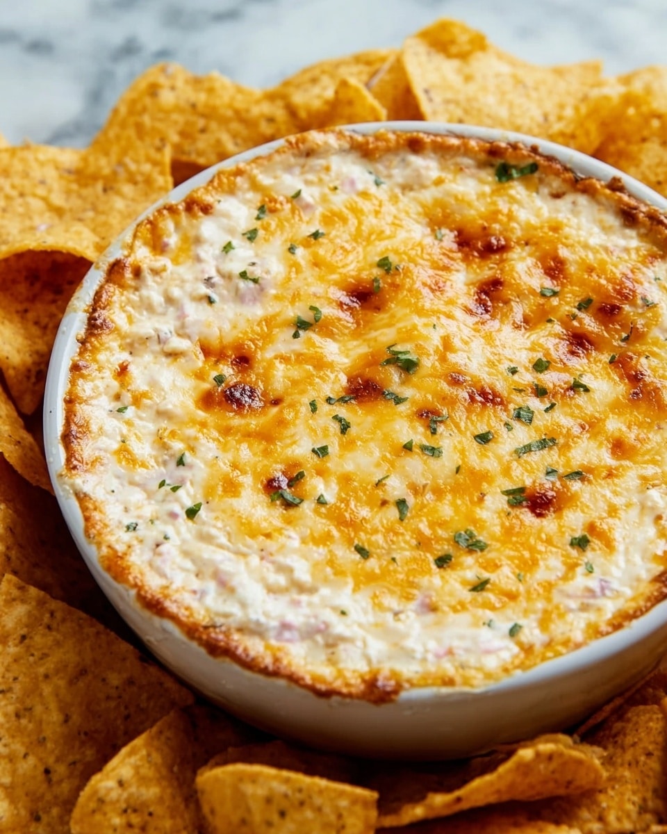 A round white bowl filled with a creamy, thick dip topped with a golden-brown melted cheese layer, speckled with small green herb pieces on top. The cheese layer has a bubbly, slightly crispy texture with light brown spots. The creamy dip below is white with small bits of light pink and green mixed throughout, giving it a rich and thick look. The bowl is placed on a white marbled surface, surrounded by rough-textured, light golden tortilla chips, some of which are standing inside the bowl, catching the melted cheese edge. photo taken with an iphone --ar 4:5 --v 7