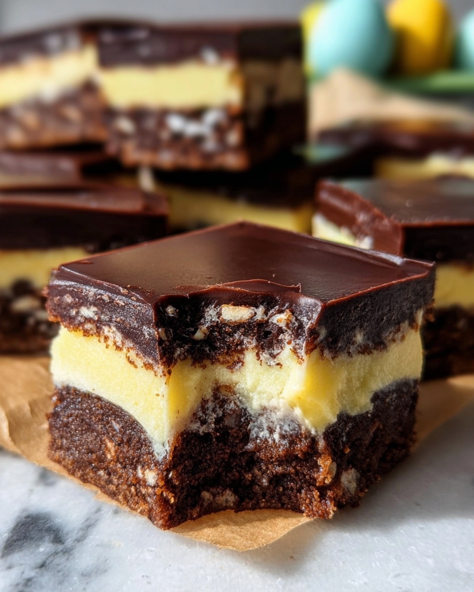 The image shows a close-up of layered dessert squares cut into pieces. Each piece has three clear layers: the bottom layer is a thick, dense, dark brown chocolate base with a rough, fudgy texture; the middle layer is a smooth, creamy yellow custard that appears soft and slightly shiny; the top layer is a thin, glossy dark chocolate coating that looks firm and smooth. The dessert squares are stacked casually, sitting on brown parchment paper over a white marbled surface. Small decorative yellow flowers and a blurred background add a cozy touch. photo taken with an iphone --ar 4:5 --v 7