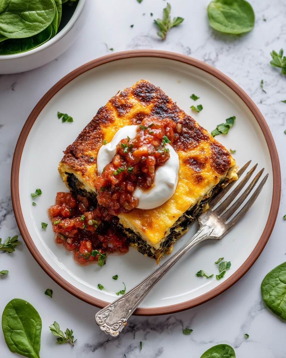 A white plate with a thin brown edge holds a square piece of baked casserole with three visible layers: a golden brown crispy cheese top layer, a middle layer of dark green vegetables, and a base layer of cheese or sauce. On top of the casserole sits a dollop of smooth white sour cream and a small serving of chunky red salsa with bits of green herbs sprinkled over everything. A silver fork is placed on the plate, resting diagonally along the bottom left edge. The plate is set on a white marbled surface, with scattered small green herb leaves around it, and part of a white bowl with fresh spinach leaves is visible at the top left corner. photo taken with an iphone --ar 4:5 --v 7