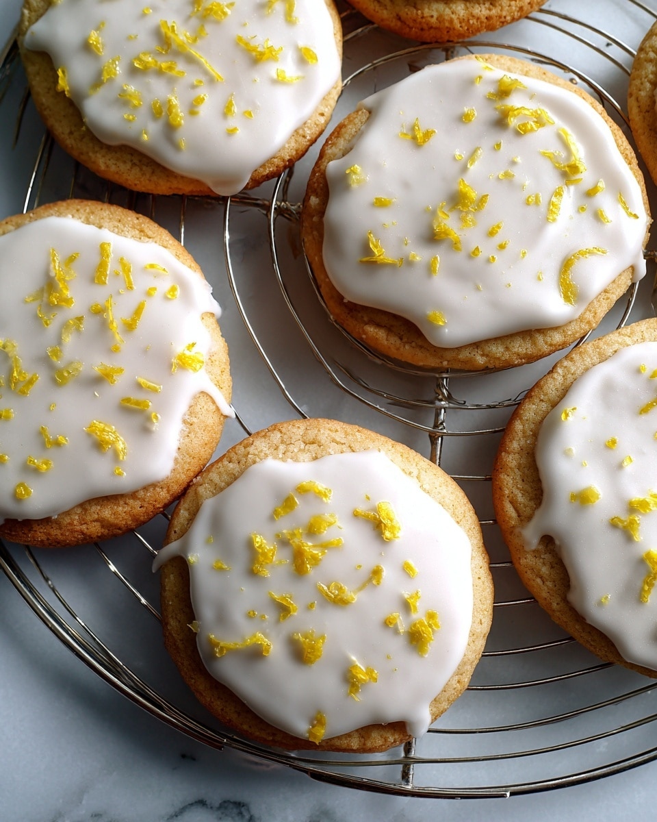 The image shows several round cookies with a light beige base, each topped with a thick layer of smooth white icing that drips slightly down the sides. Small bits of yellow zest are sprinkled on top, adding a touch of color. The cookies are placed on a silver cooling rack against a white marbled textured background. Photo taken with an iphone --ar 4:5 --v 7