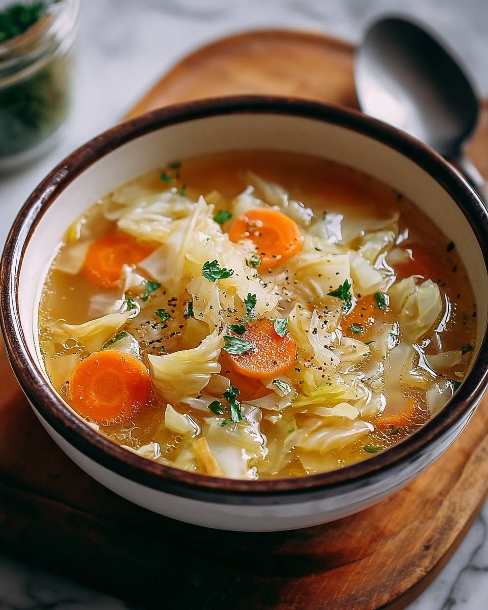 A bowl filled with clear vegetable soup showing about three layers: the bottom broth layer is light golden and transparent, the middle layer has soft pieces of cooked white cabbage with wrinkled texture and round bright orange carrot slices, and the top layer features small green parsley leaves scattered over the vegetables. The soup has some black pepper specks sprinkled throughout. The bowl is white ceramic with a dark brown rim, placed on a wooden cutting board, resting on a white marbled surface. A metal spoon is near the bowl on the right side, and a blurred glass jar is in the background. Photo taken with an iphone --ar 4:5 --v 7