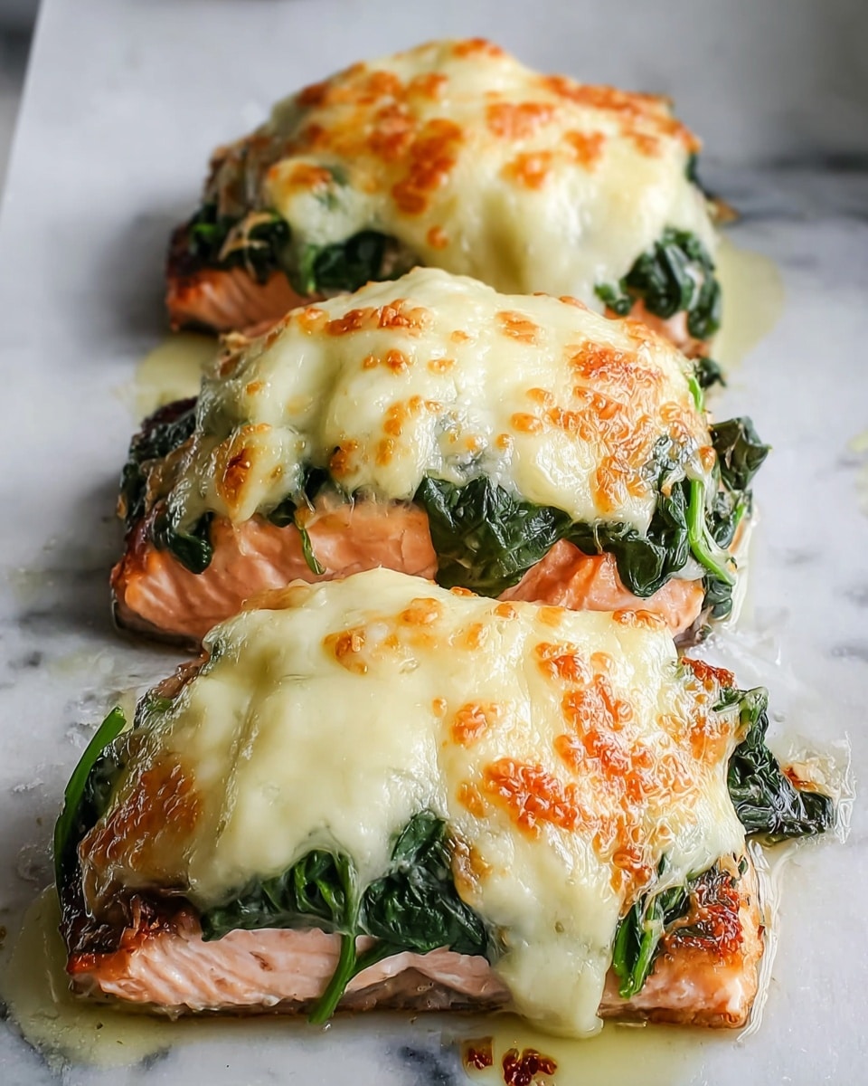 The image shows four pieces of baked salmon topped with dark green spinach leaves and covered with a thick layer of melted, light yellow cheese that is slightly browned and crispy on top. The salmon pieces are pink with a moist, flaky texture and are arranged closely together on a white plate with subtle patterned edges. The cheese melts down a little, blending with the green spinach and pink salmon layers beneath, with golden brown toasted bits adding a crunchy texture on top. The scene is set on a white marbled surface. photo taken with an iphone --ar 4:5 --v 7