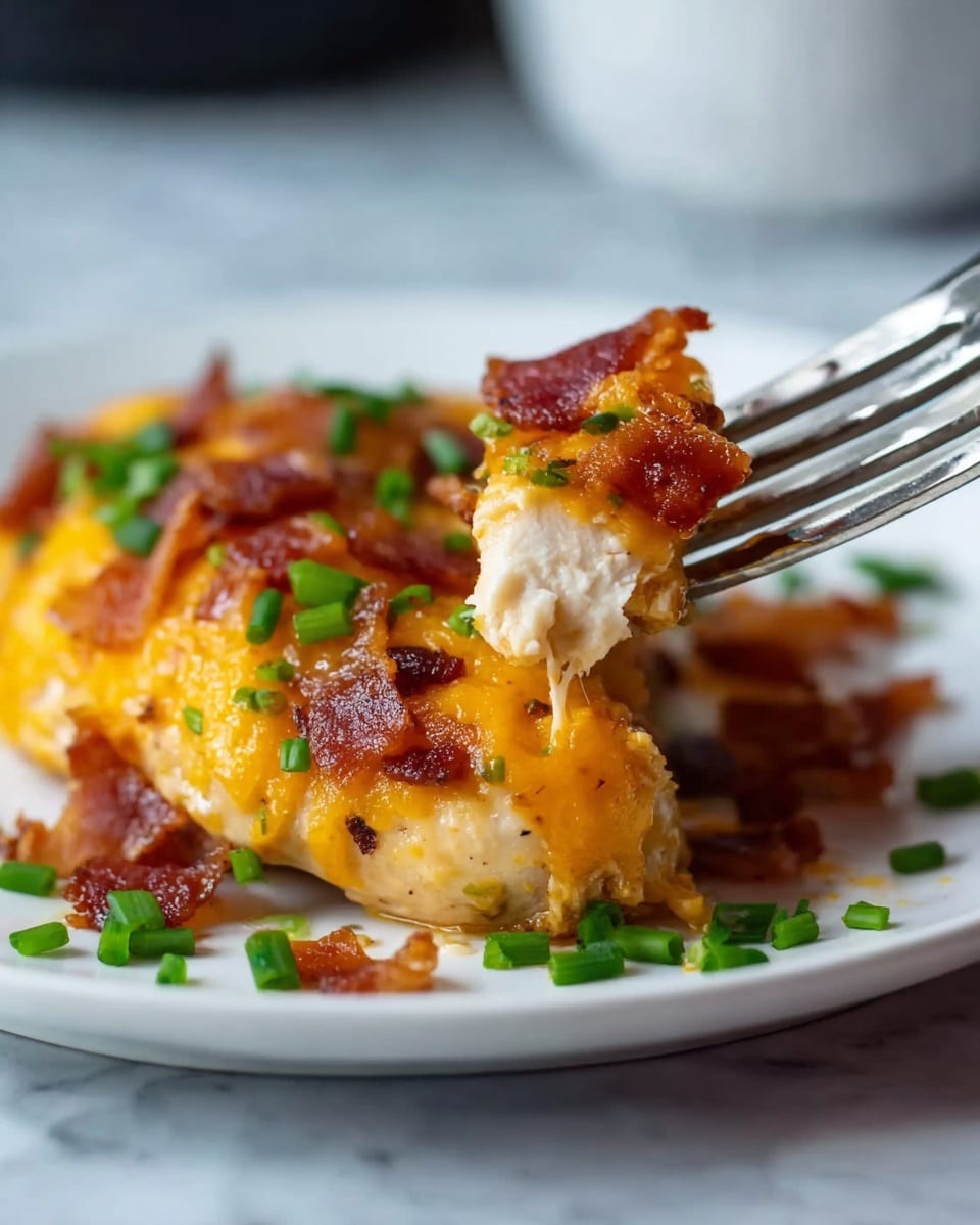 A close-up view of a white plate with a piece of cooked chicken breast as the base layer, topped with melted golden cheddar cheese that has a smooth texture spreading over the chicken. On top of the cheese, crispy bacon pieces with a rich reddish-brown color are scattered. Green chopped chives add a fresh, bright contrast sprinkled around the dish and on the fork holding a bite-sized piece of the chicken, cheese, and bacon. The background is softly blurred with a white marbled texture surface underneath the plate. Photo taken with an iphone --ar 4:5 --v 7