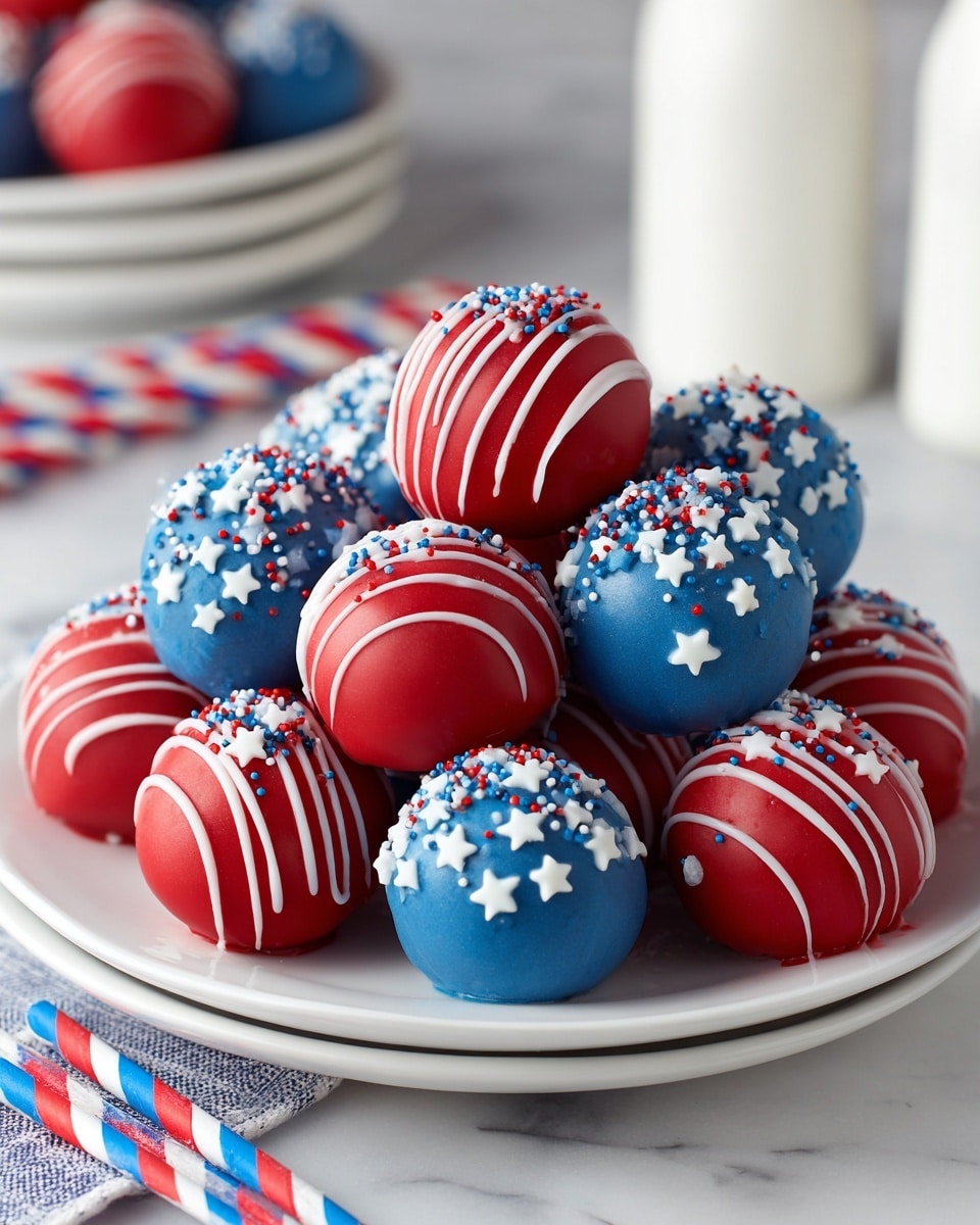 A white plate filled with round cake balls decorated in red and blue colors. The red cake balls have smooth surfaces with thin white stripes wrapped around them in neat lines. The blue cake balls are coated evenly and decorated with small white star-shaped sprinkles all over. The cake balls are piled on top of each other in a slightly messy but full arrangement. A broken red cake ball shows a dark chocolate inside crumb texture. The background is a white marbled texture with parts of a white plate and two white bottles visible, along with red, white, and blue striped straws placed loosely nearby. photo taken with an iphone --ar 4:5 --v 7