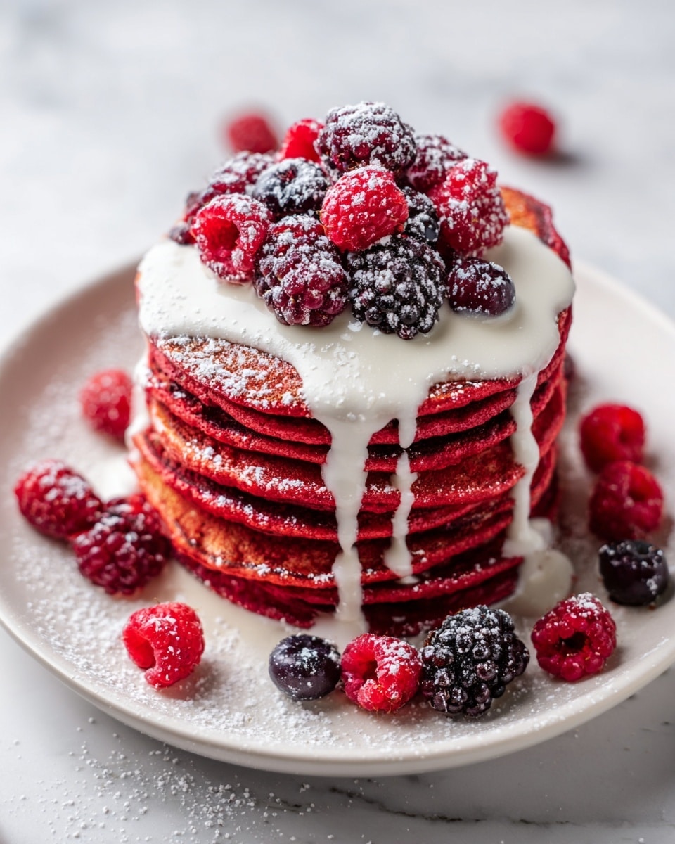 A stack of six bright red pancakes sits in the center of a white plate, each pancake thick and fluffy with a slightly crispy edge. A creamy white sauce drips generously down the sides of the stack, covering parts of the top pancake and flowing down unevenly. On top, a pile of mixed berries including red raspberries and dark blackberries adds vibrant color and texture. Powdered sugar is lightly dusted over the pancakes and berries, as well as scattered around the plate. Additional berries are placed on the white marbled surface around the plate, adding a sense of abundance and freshness. photo taken with an iphone --ar 4:5 --v 7