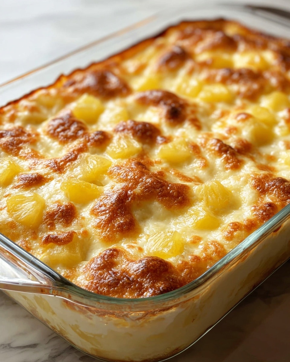 A baked pineapple casserole in a clear glass rectangular dish shows a top layer with browned, bubbly golden cheese and melted bits, dotted with soft yellow pineapple chunks spread evenly across the surface. The layers beneath are creamy and thick with a pale, light yellow color visible near the sides through the glass. The dish sits on a white marbled surface with warm lighting highlighting the texture and glistening melted cheese photo taken with an iphone --ar 4:5 --v 7
