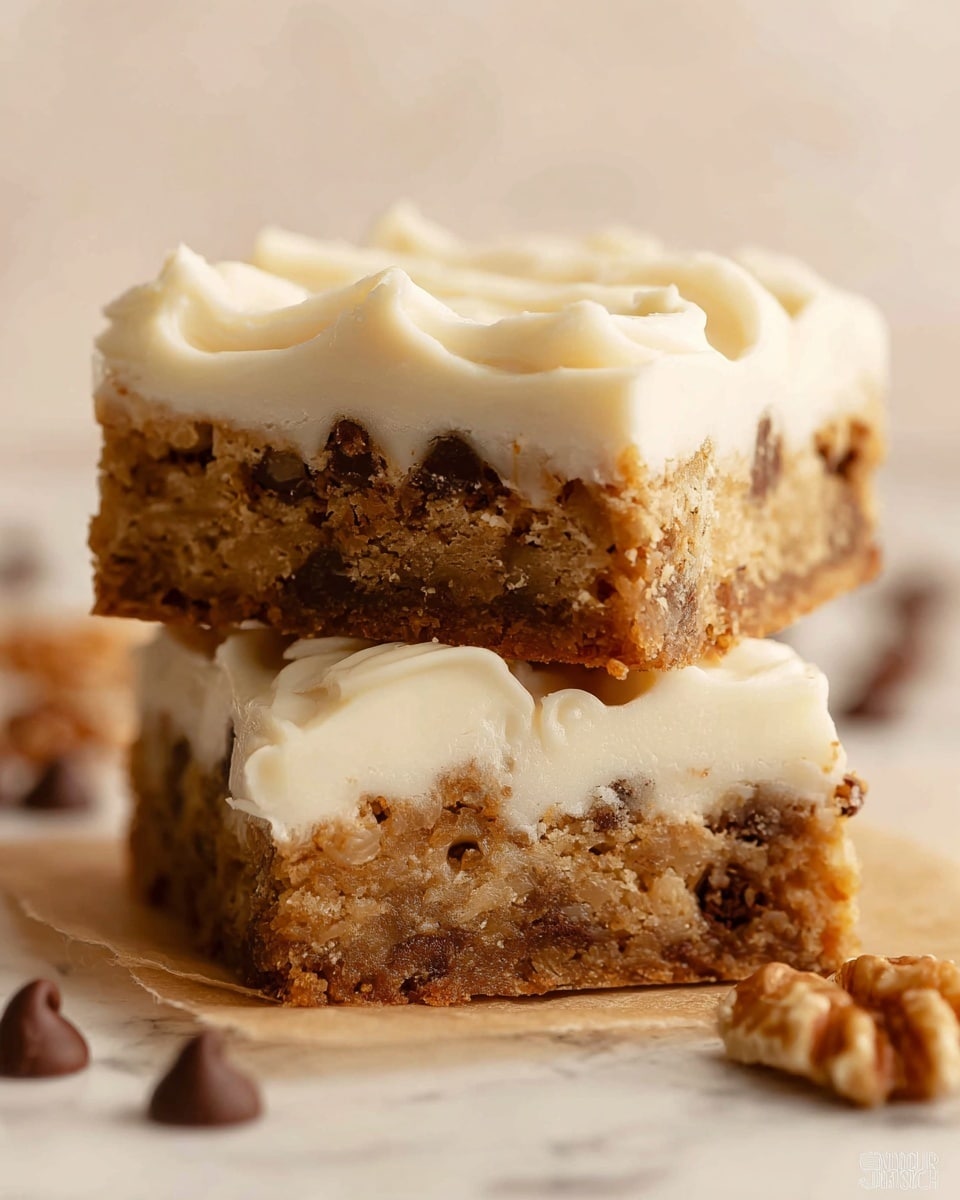 The image shows two square dessert bars stacked one on top of the other on a piece of parchment paper against a white marbled background. Each bar has two layers: the bottom layer is thick and textured, with visible bits of nuts and chocolate chips in a golden-brown baked base, and the top layer is a smooth, creamy, off-white frosting with soft swirls. There are a few scattered chocolate chips and a small piece of walnut around the bars, adding a natural, casual feel. The photo is close-up, highlighting the moist and rich texture of the bars. photo taken with an iphone --ar 4:5 --v 7