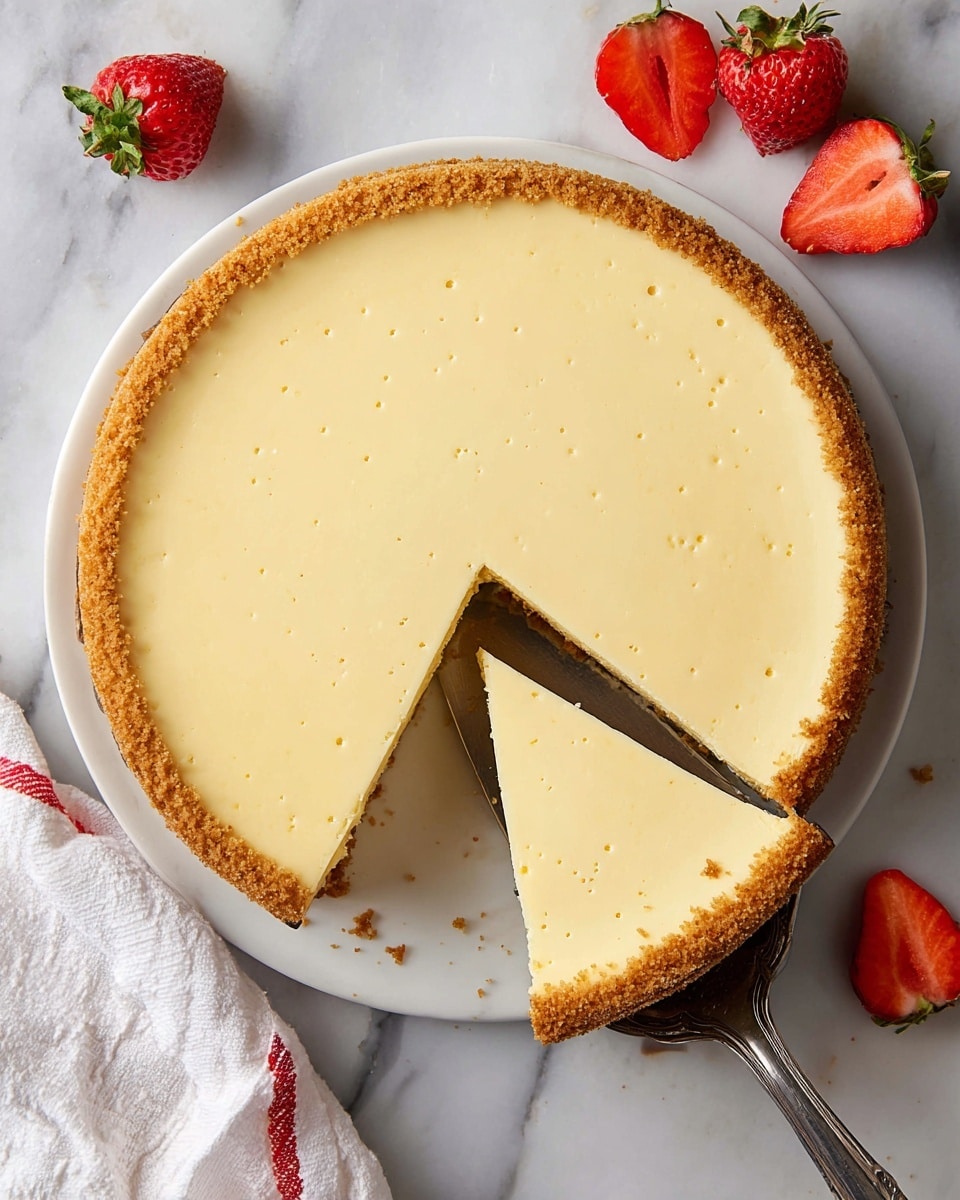 A round cheesecake with a smooth, pale yellow top layer sits on a white plate, the crust around the edge a light golden brown and slightly crumbly. One slice is lifted on a silver serving spatula, showing the thin, even crust at the bottom and sides. The cheesecake surface is even with tiny bubbles and soft texture. The plate is placed on a white marbled surface with three whole strawberries and two half strawberries scattered around it. A white cloth with red trim is near the bottom left corner. Photo taken with an iphone --ar 4:5 --v 7