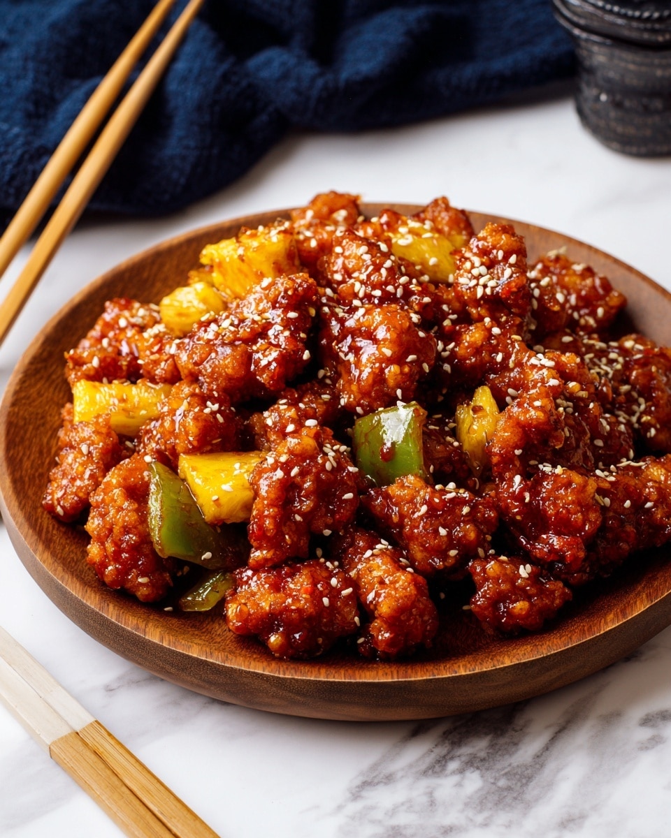 A wooden round plate holds several pieces of glossy dark brown crispy chicken coated in a shiny sauce. Among the chicken pieces are chunks of bright green bell peppers and pale yellow pineapple pieces, all sprinkled with small white sesame seeds. The plate sits on a dark rustic wooden surface with a pair of wooden chopsticks placed nearby and a dark blue cloth peeking from the top left corner. The dish looks rich and sticky with a mix of textures from crispy chicken and soft veggies. photo taken with an iphone --ar 4:5 --v 7