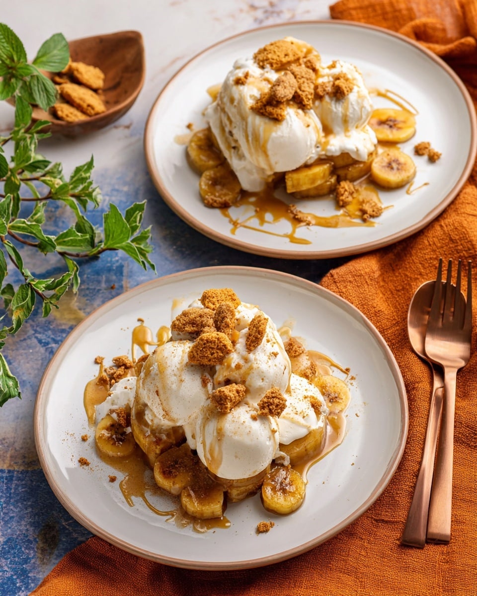 Two white plates each hold a dessert with three layers: the bottom layer is golden caramelized banana slices, the middle layer is white melting ice cream, and the top layer is broken pieces of golden brown cookies scattered around. A light brown sauce is drizzled over the plate, mixing with the ice cream around the edges. The plates sit on a white marbled surface, with green herbs beside them, copper fork and spoon, and an orange cloth napkin nearby. Photo taken with an iphone --ar 4:5 --v 7